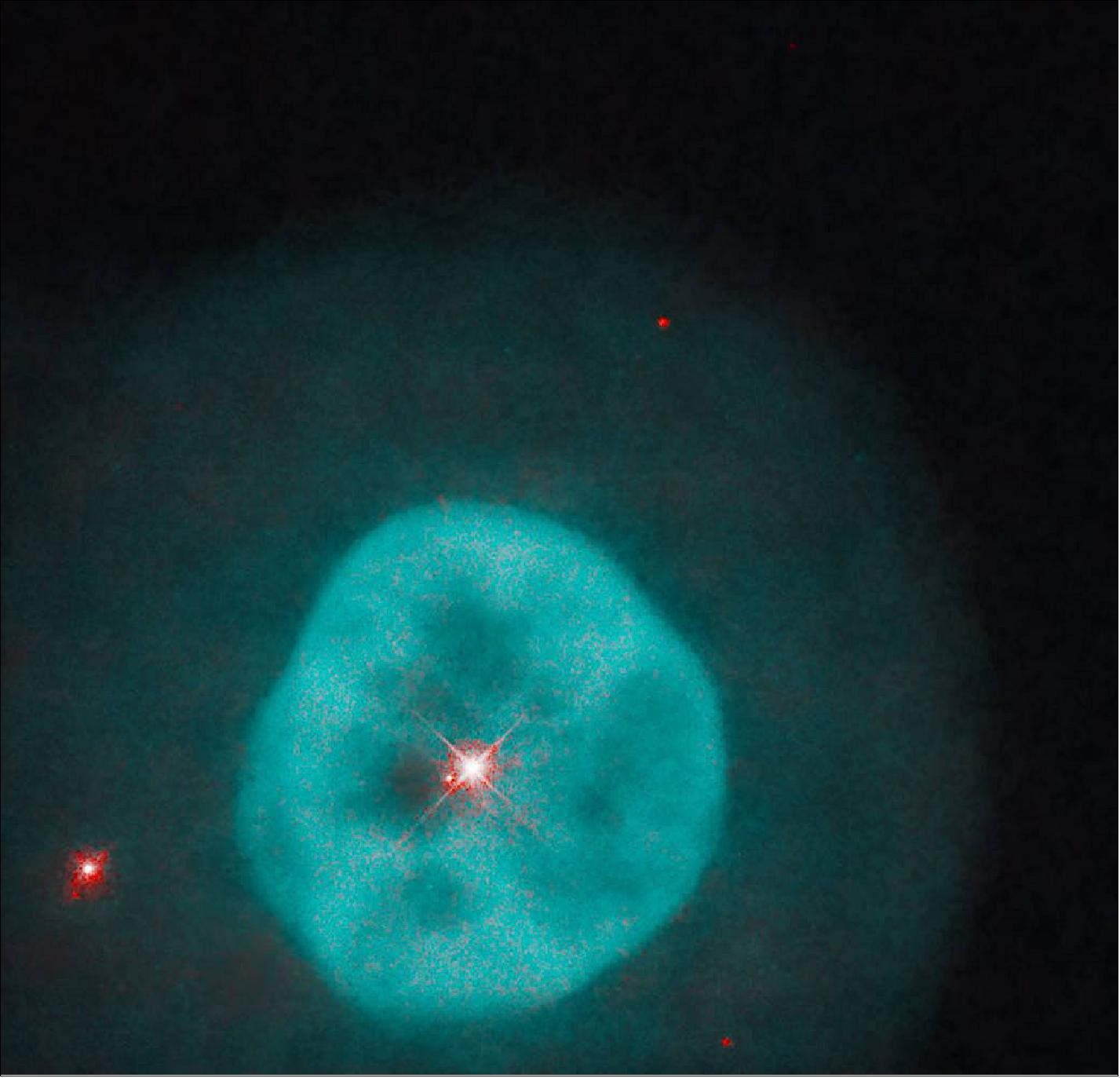 Figure 32: Hubble observed this nebula as part of a study of over 100 planetary nebulae with nearby stars. The proximity of the stars indicated a possible gravitational connection between the nearby stars and the central stars of the nebulae. Observations of the distance between NGC 1535’s central star and its possible companion suggest that Cleopatra’s Eye is indeed part of a gravitationally bound binary star system.[image credit: NASA, ESA, and H. Bond and R. Ciardullo (Pennsylvania State University), et. al.; Processing: Gladys Kober (NASA/Catholic University of America)]
