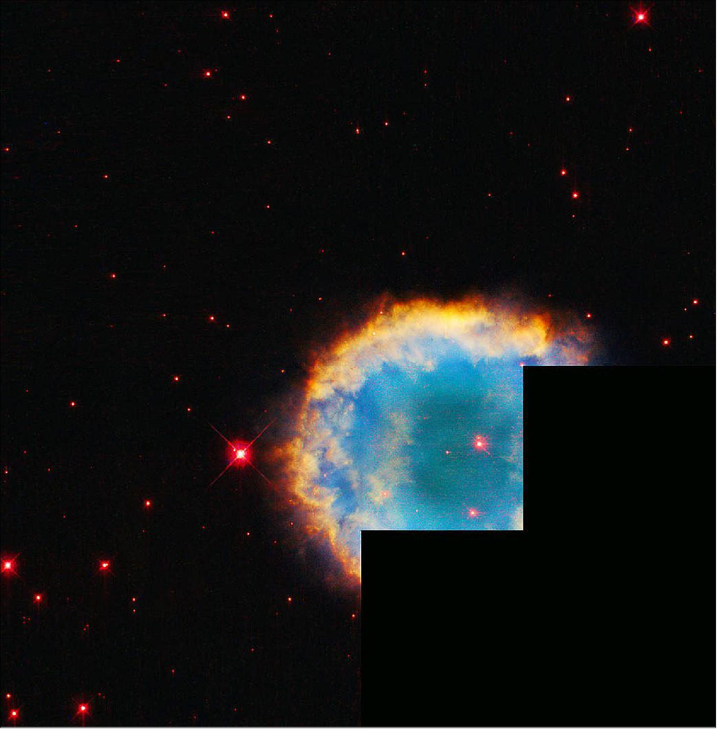 Figure 30: In this color-filled image, blue represents oxygen (O III), green is hydrogen (H-alpha), orange is nitrogen (N II), and red is sulfur (S II). This Hubble Space Telescope image was captured by Hubble’s Wide Field and Planetary Camera 2, which gave it its distinctive stair-shape. One of the camera’s four detectors provided a magnified view, which would be shrunk down in the final image to match the other three, creating the unique shape [image credit: NASA, ESA, K. Knoll (NASA Goddard), and S. Öttl (Leopold Franzens Universität Innsbruck), et. al.; Processing: Gladys Kober (NASA/Catholic University of America)]