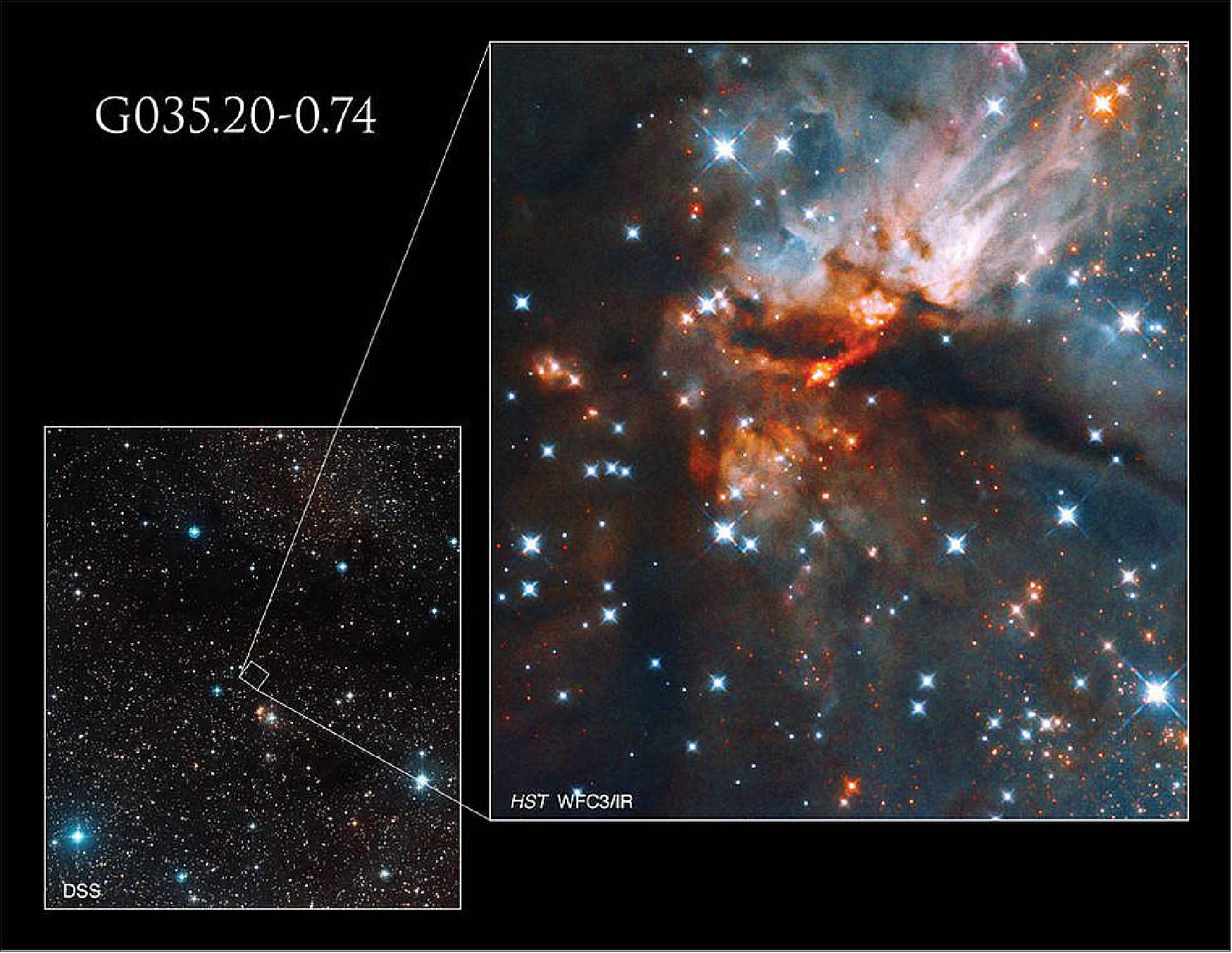 Figure 20: The star-forming nebula (G035.20-0.74) in this Hubble image is in the constellation Aquila, the Eagle [image credits: NASA, ESA, J. Tan (Chalmers University of Technology), and DSS; Processing; Gladys Kober (NASA/Catholic University of America)]