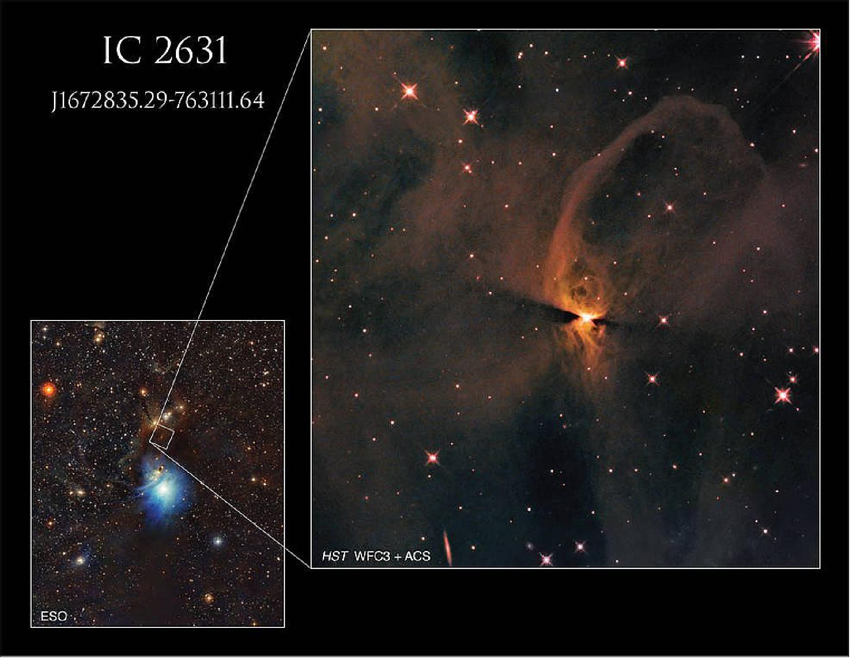 Figure 18: Hubble's sharp eye captures a protostar designated J1672835.29-763111.64 in the reflection nebula IC 2631 [image credits: NASA, ESA, T. Megeath (University of Toledo), K. Stapelfeldt (Jet Propulsion Laboratory), and ESO; Processing: Gladys Kober (NASA/Catholic University of America)]