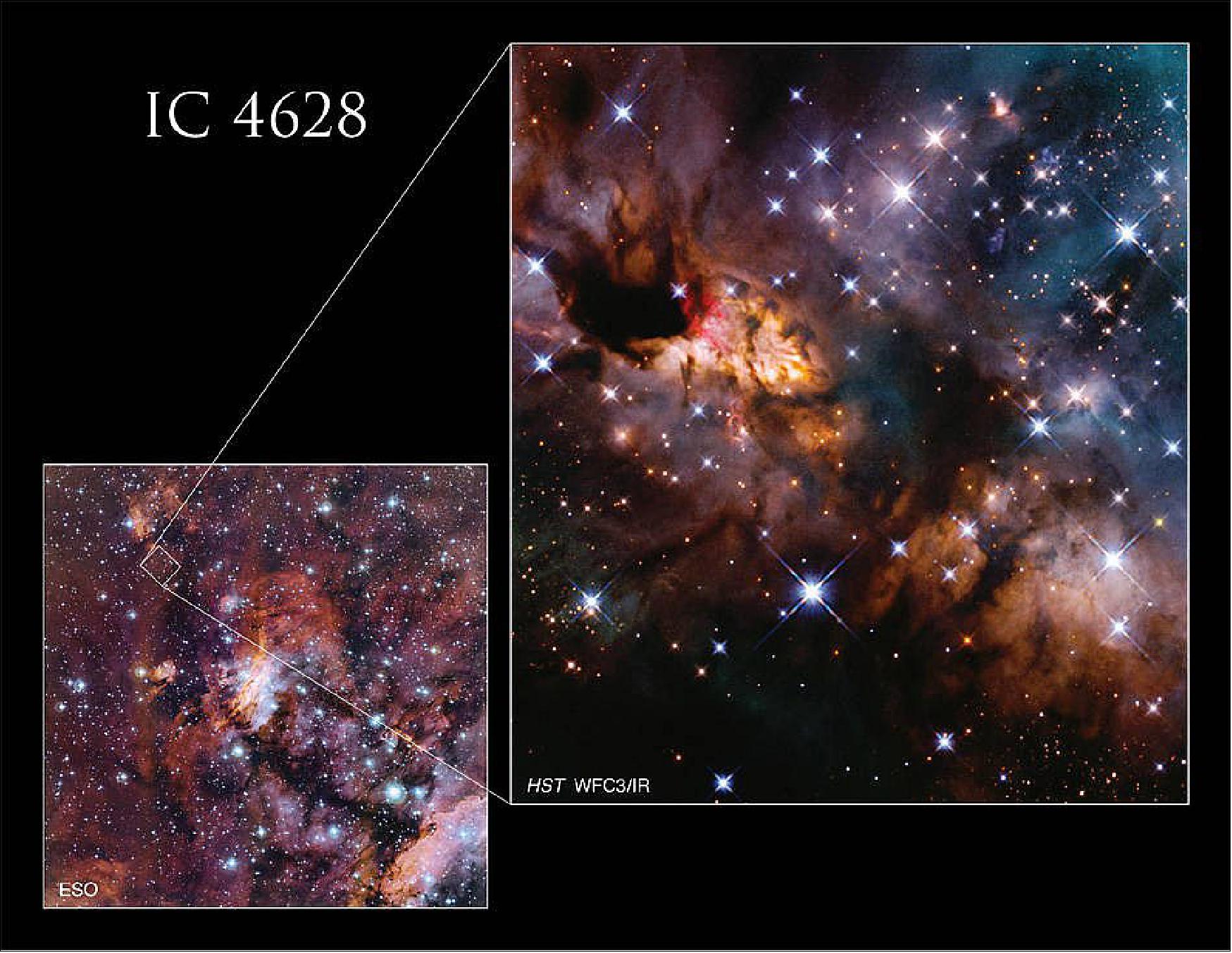 Figure 14: The Prawn Nebula lies south of the star Antares in the constellation Scorpius, the Scorpion. Hubble's focused view captures just a small portion of the vast star-forming region[image credits: NASA, ESA, J. Tan (Chalmers University of Technology), and ESO; Processing; Gladys Kober (NASA/Catholic University of America)]