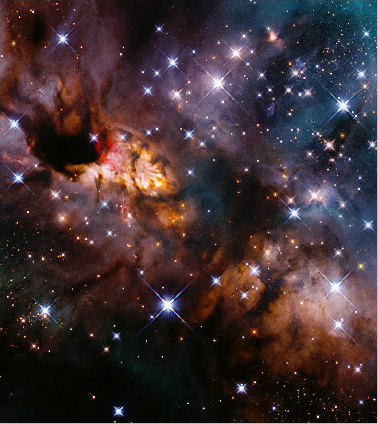 Figure 13: This Hubble Space Telescope image was captured as part of a survey of massive- and intermediate-size “protostars,” or newly forming stars. Astronomers used the infrared sensitivity of Hubble’s Wide Field Camera 3 to look for hydrogen ionized by ultraviolet light ionized by the protostars, jets from the stars, and other features [image credit: NASA, ESA, and J. Tan (Chalmers University of Technology); Processing; Gladys Kober (NASA/Catholic University of America)]