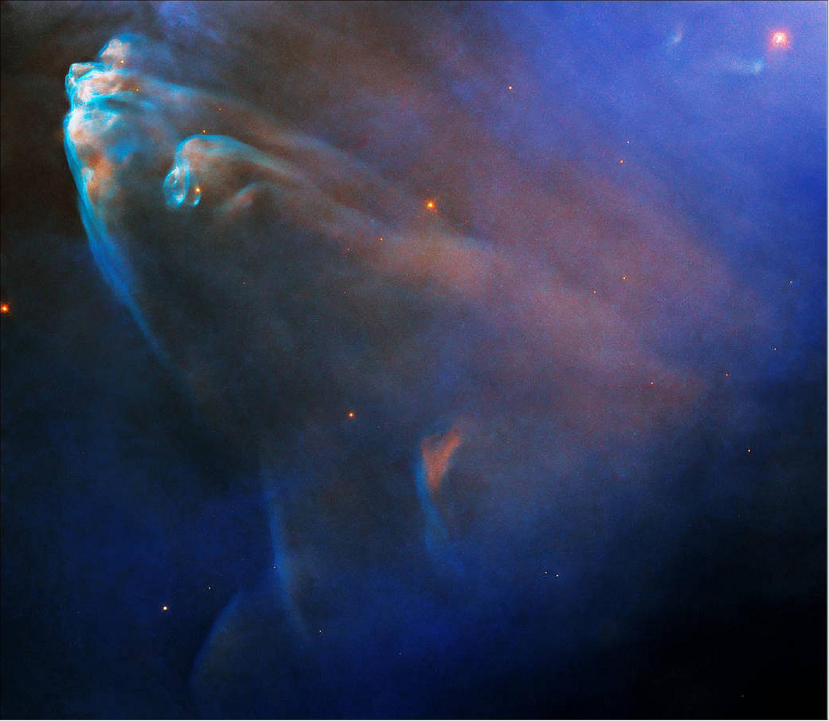 Figure 9: This object is located in the nebula NGC 1977, which itself is part of a complex of three nebulae called The Running Man. NGC 1977 – like its companions NGC 1975 and NGC 1973 – is a reflection nebula, which means that it doesn’t emit light on its own, but reflects light from nearby stars, like a streetlight illuminating fog. Hubble observed this region to look for stellar jets and planet-forming disks around young stars, and examine how their environment affects the evolution of such disks [image credit: NASA, ESA, and J. Bally (University of Colorado at Boulder); Processing: Gladys Kober (NASA/Catholic University of America)]