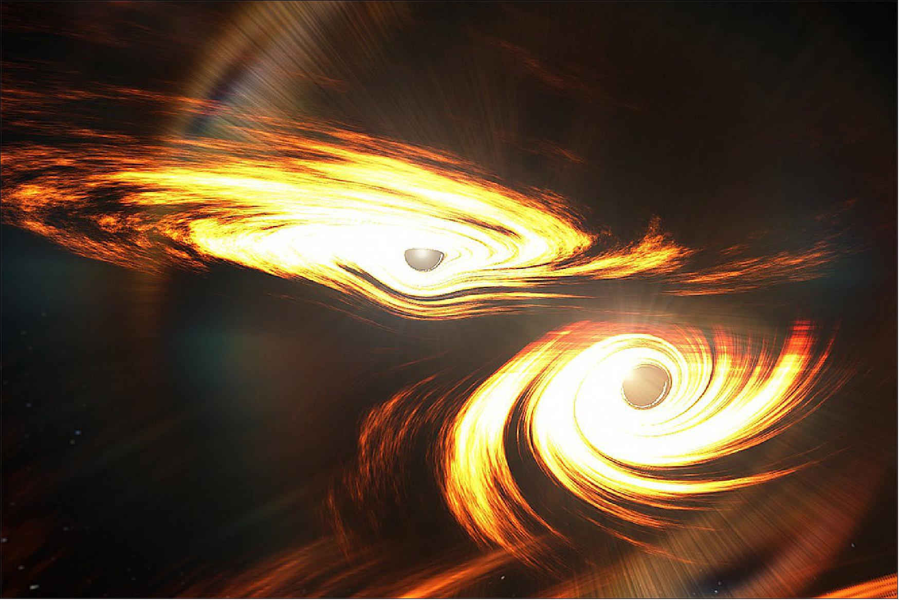 Figure 4: Artist’s impression of binary black holes about to collide. [image credit: Mark Myers, ARC Centre of Excellence for Gravitational Wave Discovery (OzGrav)]