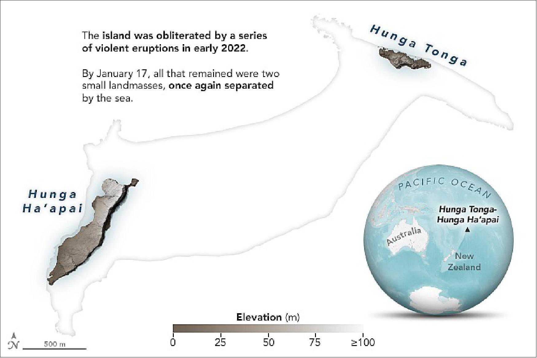 Figure 2: A potent blast wiped out the island on January 15 2022. Now all of the new land is gone, along with large chunks of the two older islands (image credit: NASA Earth Observatory)