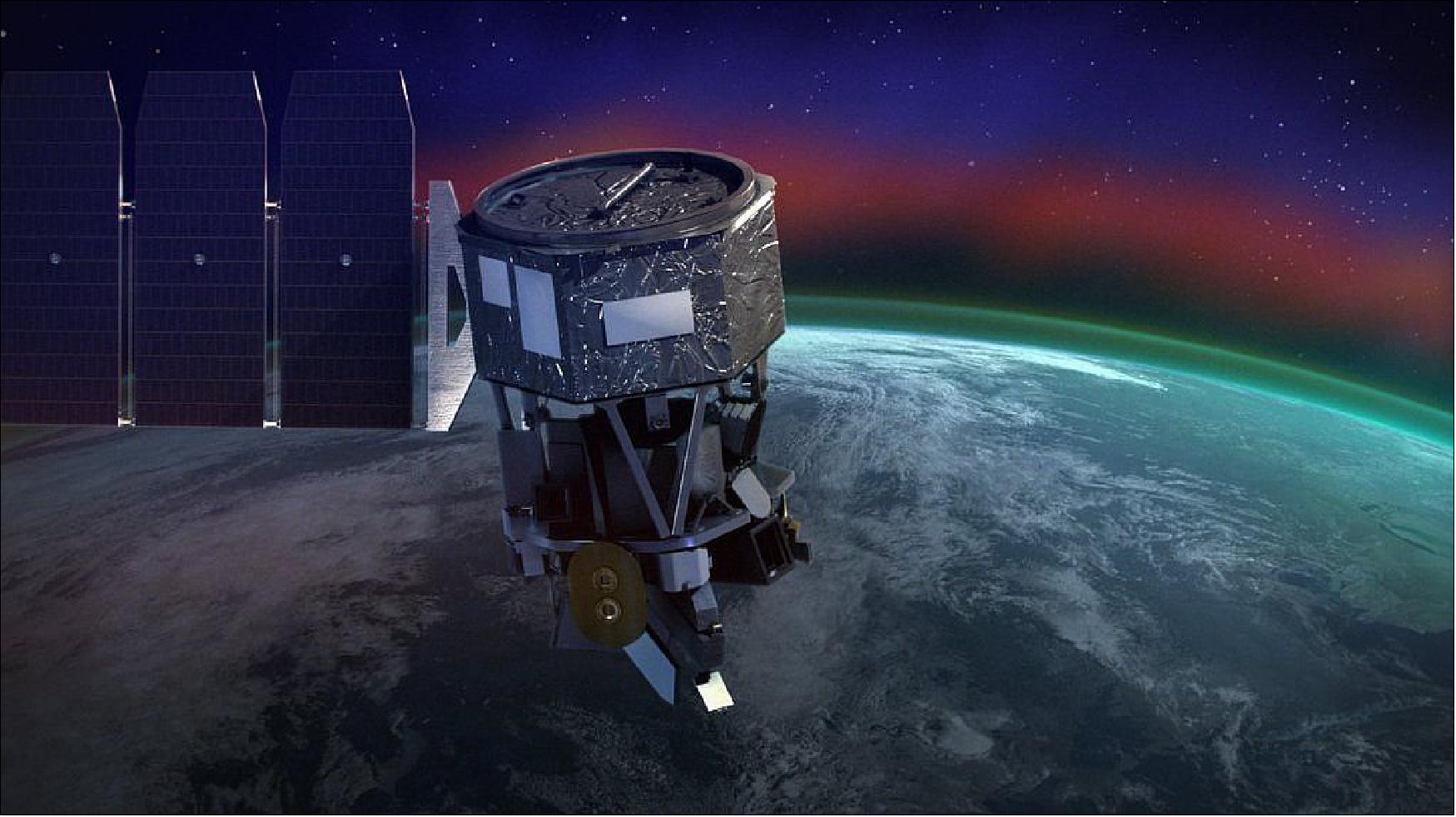 Figure 6: Artist's rendition of the deployed ICON spacecraft. Charged particles in the ionosphere create bands of color called airglow (image credit: NASA)