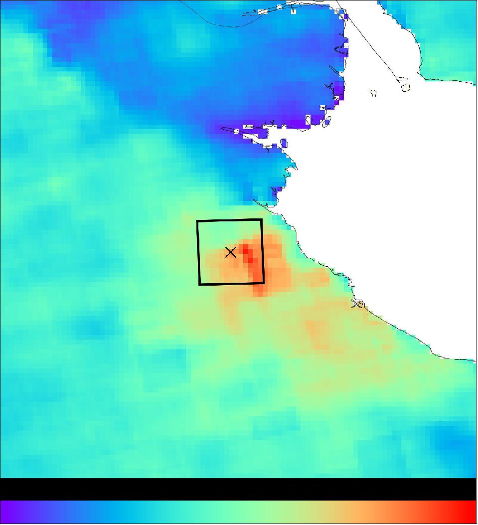 Figure 4: Averaged methane concentrations over Buenos Aires observed by Copernicus Sentinel-5P. One year averaged methane concentrations over Buenos Aires observed by the Tropomi instrument on Copernicus Sentinel-5P. The black square denotes the location for GHGSat to target. Tropomi data are analysed by SRON Netherlands Institute for Space Research to guide GHGSat and other high-resolution instruments towards large methane emitters (image credit: ESA, the image contains Copernicus Sentinel data (2019–1920), processed by SRON)