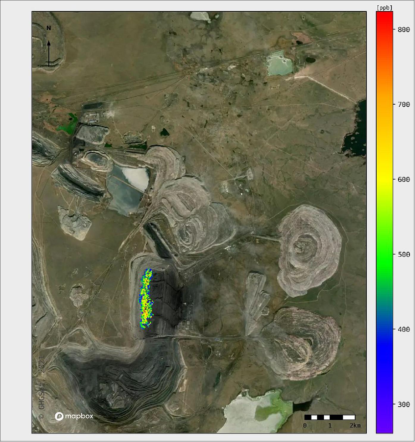 Figure 3: Methane from opencast coal mine in Kazakhstan measured by GHGSat. With both public and commercial satellite data playing key roles in assessing progress on climate action, ESA and GHGSat are supporting the United Nations Environment Programme's new International Methane Emissions Observatory. Copernicus Sentinel-5P's high revisit rate combined with GHGSat's high-resolution commercial imagery can give landfill operators and regulators the information they need to reduce methane emissions from landfill sites, for example. Both missions support the new International Methane Emissions Observatory. This image shows methane from an opencast coal mine in Kazakhstan on 20 October 2021, measured by GHGSat.