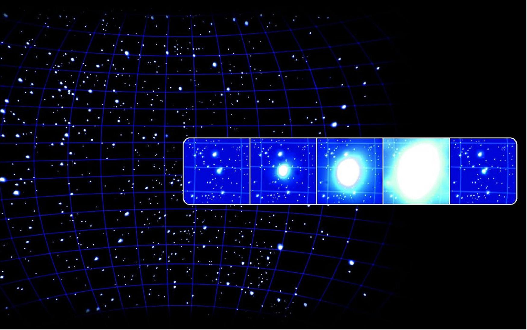 Figure 43: A gamma-ray burst. This artist's impression illustrates how a gamma-ray burst can flare dramatically over a short time period (gamma ray bursts usually last between a hundredth of a second to a hundred seconds). The bursts can occur as often as several times a day. There is no way to predict when or where they will next occur. ESA missions such as XMM-Newton, INTEGRAL and Ulysses study these mysterious, powerful bursts (image credit: ESA, illustration by AOES Medialab)