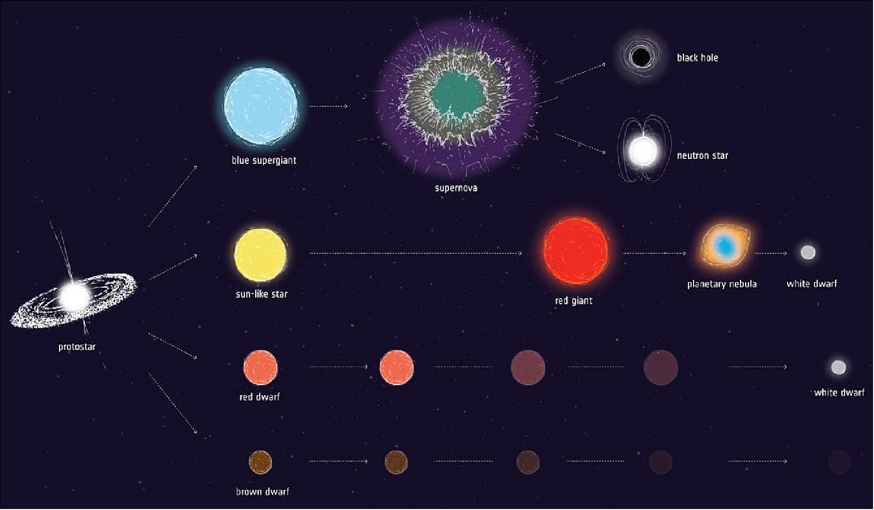 Figure 25: Stellar evolution: Artist's impression of some possible evolutionary pathways for stars of different initial masses (image credit: ESA)