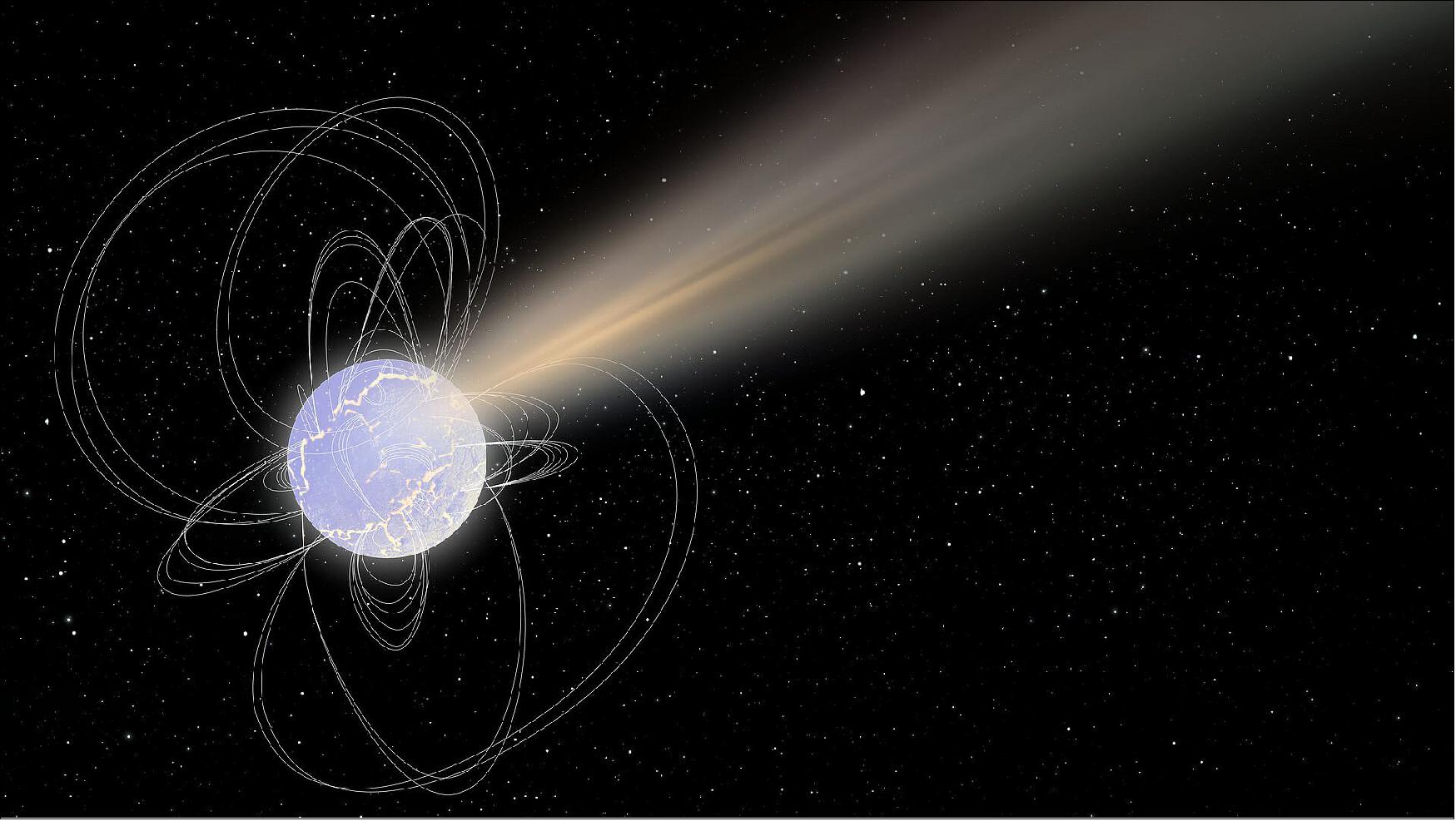 Figure 14: Artist's impression of SGR 1935+2154, a highly magnetized stellar remnant, also known as a magnetar. Discovered in 2014 in the constellation of Vulpecula following a substantial burst of X-rays, the magnetar became active again in April 2020. ESA's Integral high-energy space observatory detected a burst of high-energy, or ‘hard’, X-rays on 28 April, automatically alerting observatories worldwide about the discovery in just seconds. Soon after, astronomers spied something astonishing: this magnetar was not only radiating its usual X-rays, but radio waves, too. This unique mix of radiation, never before seen bursting from such a stellar remnant, may solve a long-standing cosmic mystery about the nature of Fast Radio Bursts – powerful events that pulse brightly in radio waves for just a few milliseconds before fading away, and are only rarely seen again. (image credit: ESA)