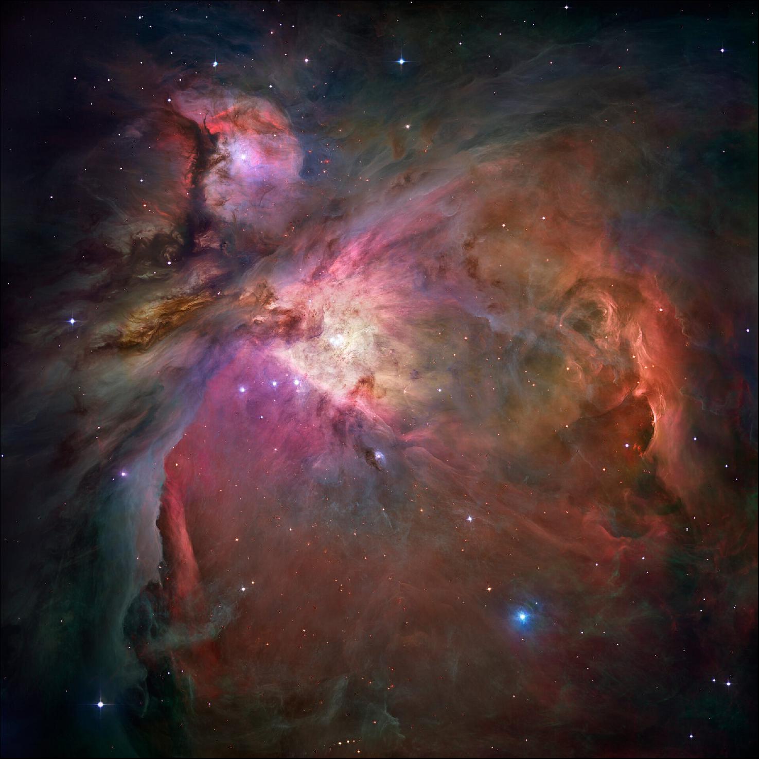Figure 10: Hubble’s sharpest view of the Orion Nebula. This dramatic image offers a peek inside a 'cavern' of dust and gas where thousands of stars are forming. The image, taken by the Advanced Camera for Surveys (ACS) aboard NASA's Hubble Space Telescope, represents the sharpest view ever taken of this region, called the Orion Nebula. More than 3000 stars of various sizes appear in this image. Some of them have never been seen in visible light. - The Orion Nebula is 1500 light-years away, the nearest star-forming region to Earth. Astronomers used 520 Hubble images, taken in five colors, to make this picture. They also added ground-based photos to fill out the nebula. The ACS mosaic covers approximately the apparent angular size of the full Moon. These observations were taken between 2004 and 2005 (image credit: NASA, ESA, M. Robberto (Space Telescope Science Institute/ESA) and the Hubble Space Telescope Orion Treasury Project Team)