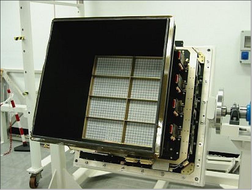 Figure 58: The IBIS flight model detector unit fully assembled at LABEN, Milan, Italy. Most of the upper ISGRI imager with its eight modules is visible (image credit: ESA)
