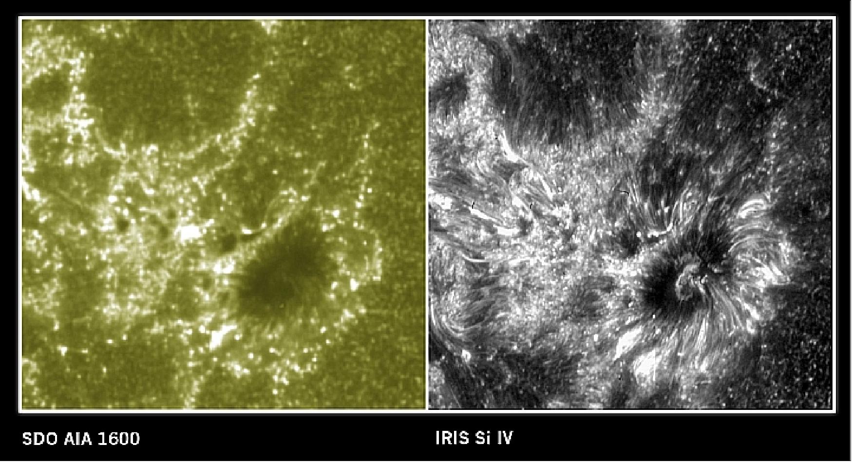 Figure 25: These two images show a section of the sun as seen by IRIS (right) and by the SDO mission (left), acquired on July 17, 2013 (image credit: NASA)