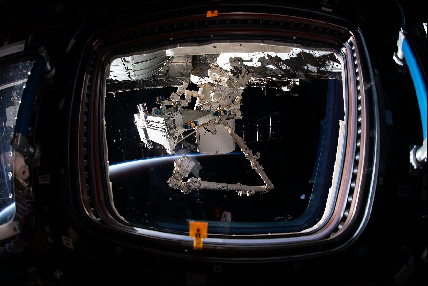 Figure 18: The mounting of the Bartolomeo platform onto the Columbus Laboratory as seen from the Cupola of the ISS (image credit: NASA, Airbus)