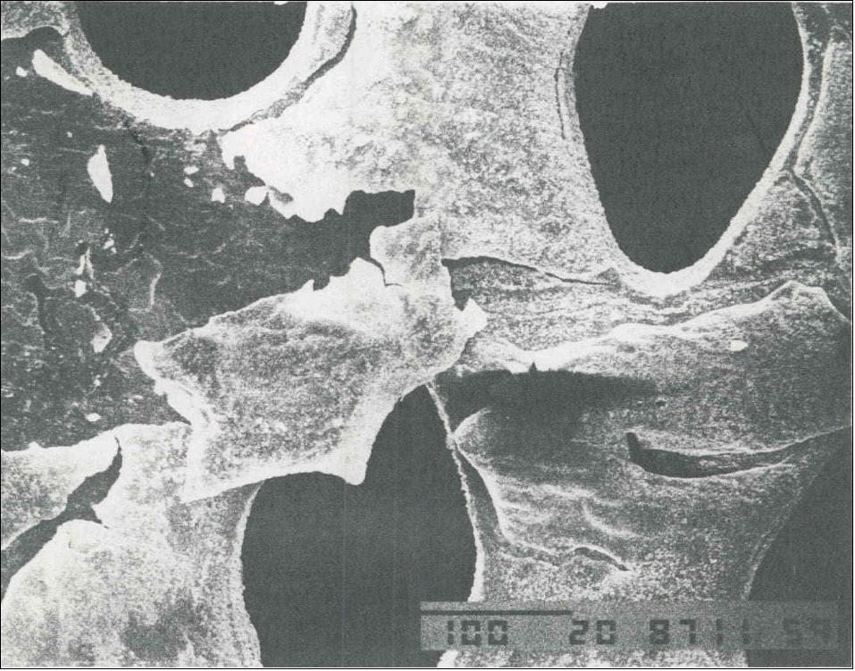 Figure 17: 35 micrometer silver interconnector, from ESA's original Hubble solar blanket design, following exposure to the space environment during the STS-4 flight, shown at 20x magnification. A dark grey surface with flakes can be seen. Atomic oxygen degradation was such a serious problem that the solar blankets had to be completely redesigned before their eventual flight (image credit: ESA)
