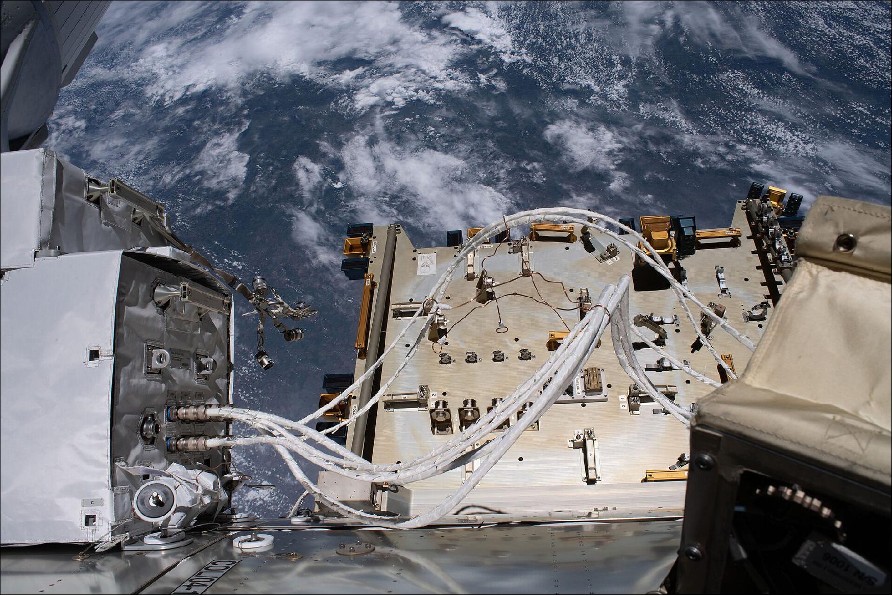 Figure 13: The ColKa and Bartolomeo facilities outside ESA's space laboratory Columbus taken during their installation spacewalk on 27 January 2021 (image credit: ESA/NASA)
