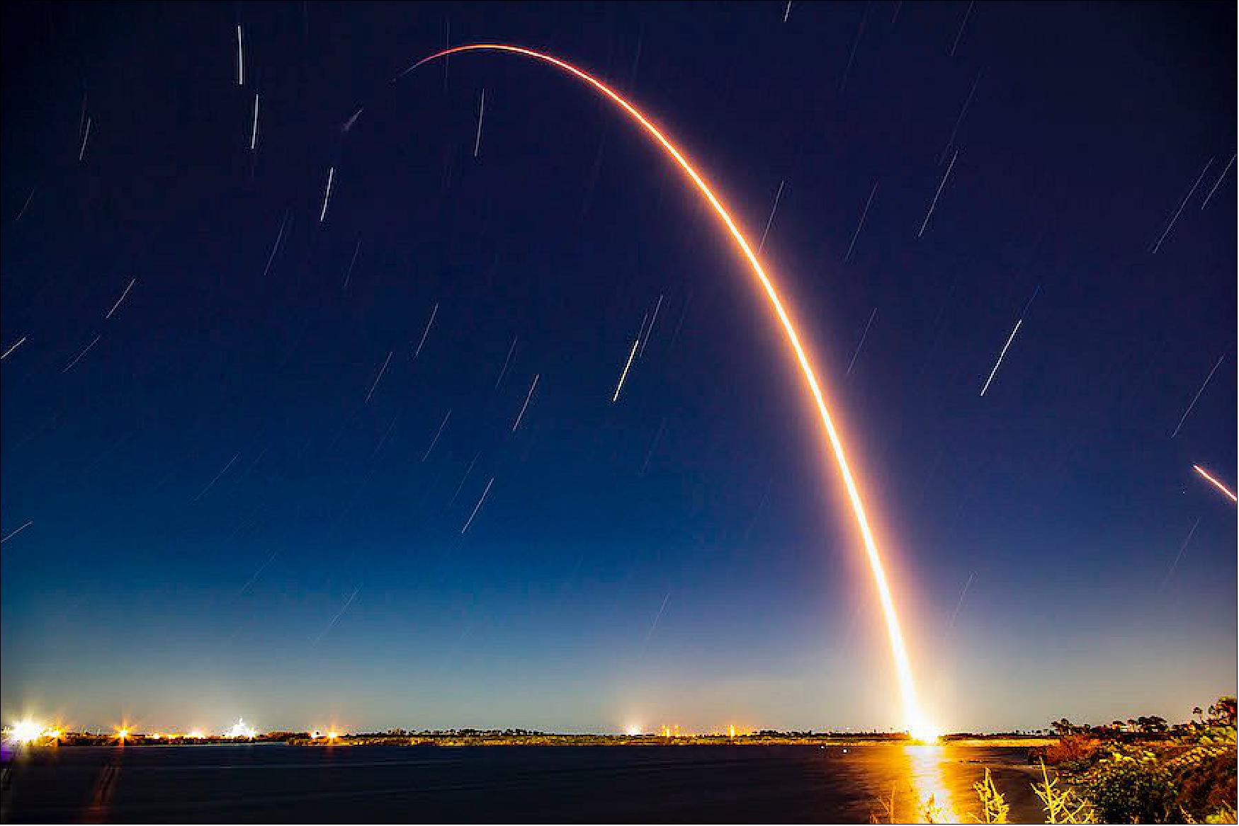 Figure 12: A Falcon 9 rocket streaks into space in this long exposure photo taken Friday night at 11:50:31 p.m. EST, 6 March (04:50:31 UTC on 7 March 2020), image credit: SpaceX)