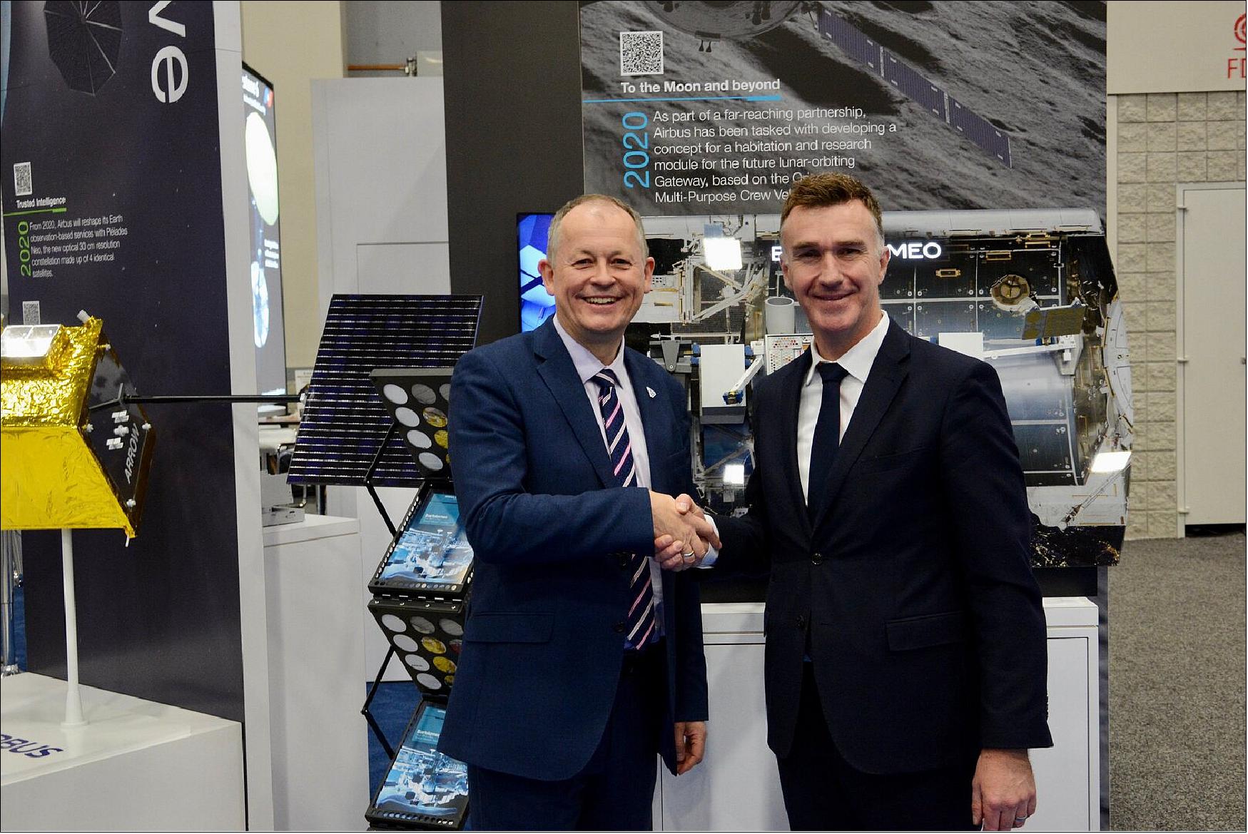 Figure 10: Bartolomeo signature at IAC 2019. The European Space Agency and Airbus Defence and Space signed a Statement of Intent at the 70th annual International Astronautical Congress on their common interest to use the Bartolomeo external platform for a limited number of scientific missions on the International Space Station (image credit: Airbus)