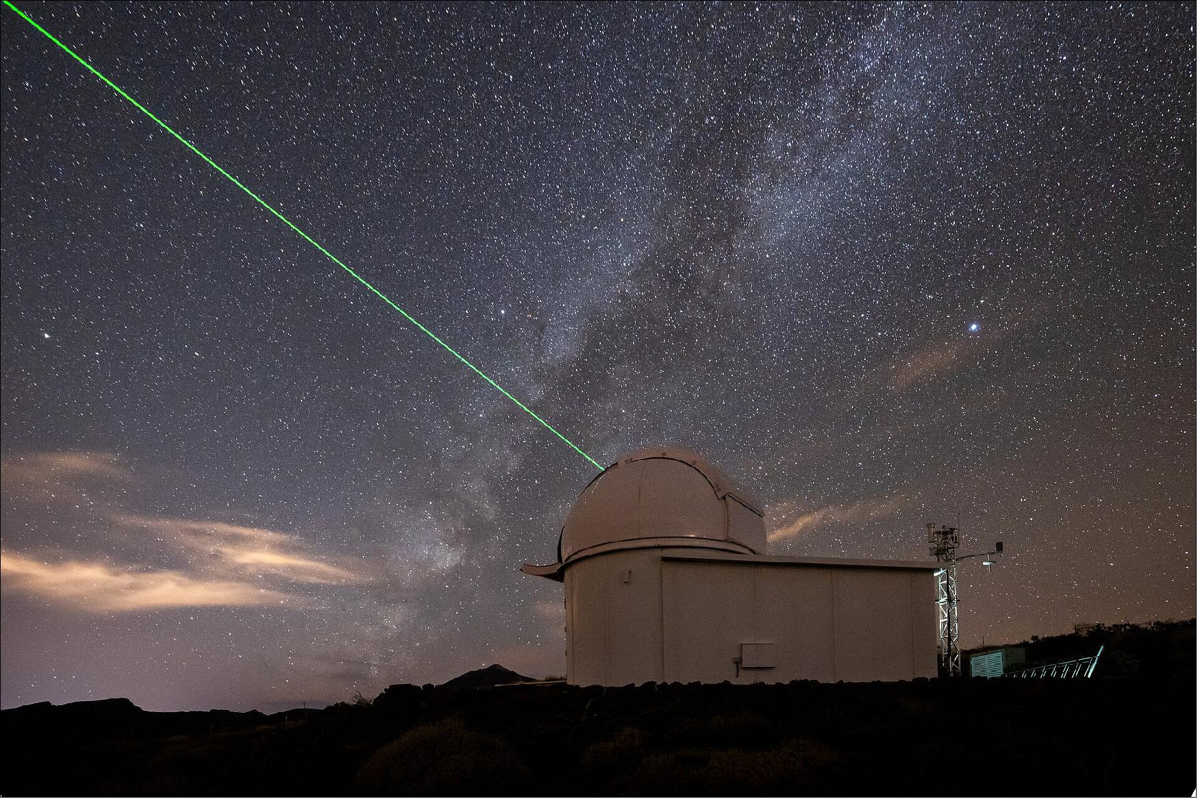 Figure 1: ESA's IZN-1 laser ranging station on top of the Izaña mountain in Tenerife, Spain, has recently undergone months of testing and commissioning, passing its final tests with flying colours. As it reached ‘station acceptance’, it was handed over to ESA from the German company contracted to build it, DiGOS. The station is a technology test bed and a vital first step in making debris mitigation widely accessible to all space actors with a say in the future of our space environment (image credit: ESA)