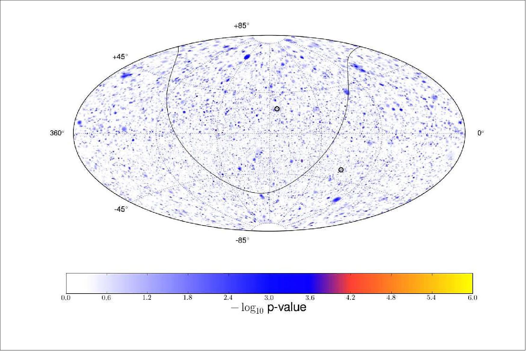 Figure 12: IC86 II-IV sky map in equatorial coordinates showing the pretrial p-values for the best-fit flare hypothesis tested in each direction of the sky. The strongest time-dependent Gaussian-like signal is in the northern sky with a post-trial p-value of 17.7%. The solid black curve indicates the Galactic plane, and the hottest spot in each hemisphere is in a black circle (image credit: IceCube Collaboration)