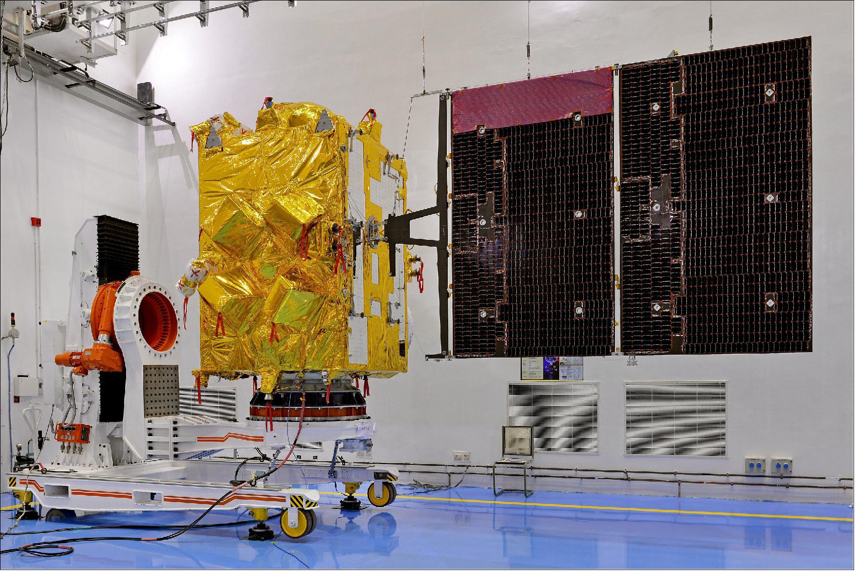 Figure 1: Image of the INSAT-3DR spacecraft in the clean room at ISRO with the solar panel deployed (image credit: ISRO) 2)