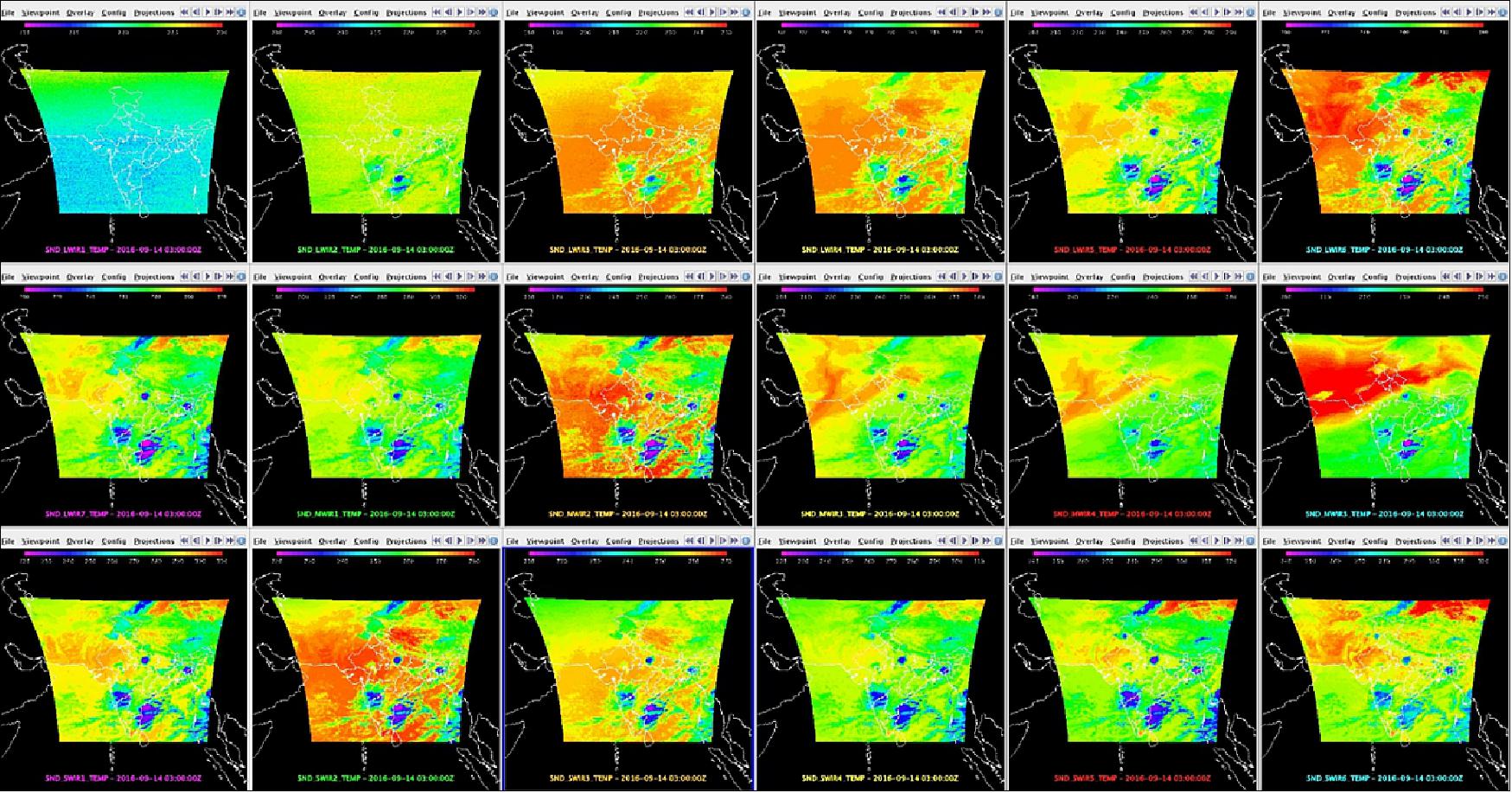 Figure 16: Sounder temperature maps in 18 IR channels (image credit: ISRO)