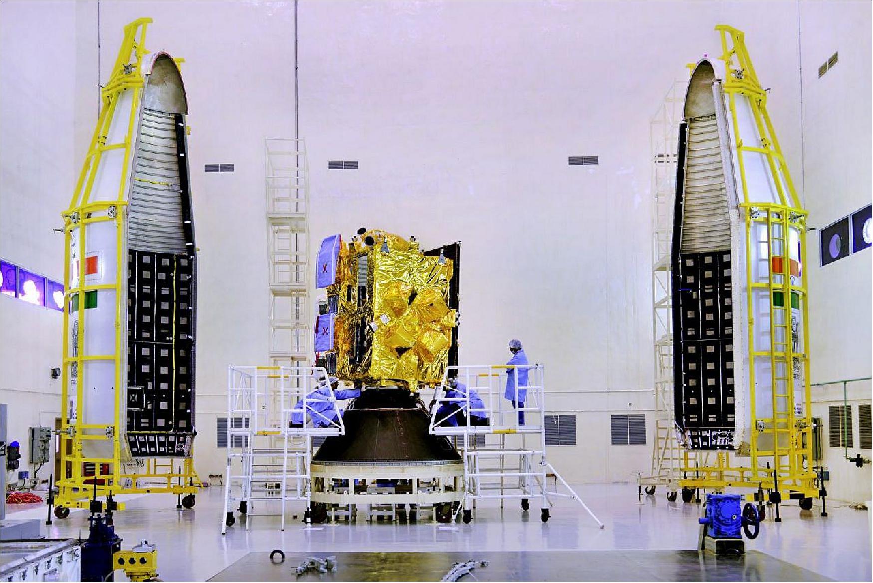 Figure 3: Photo of the INSAT-3DR seen with the two halves of the payload faring of the GSLV-F05 rocket (image credit: ISRO)