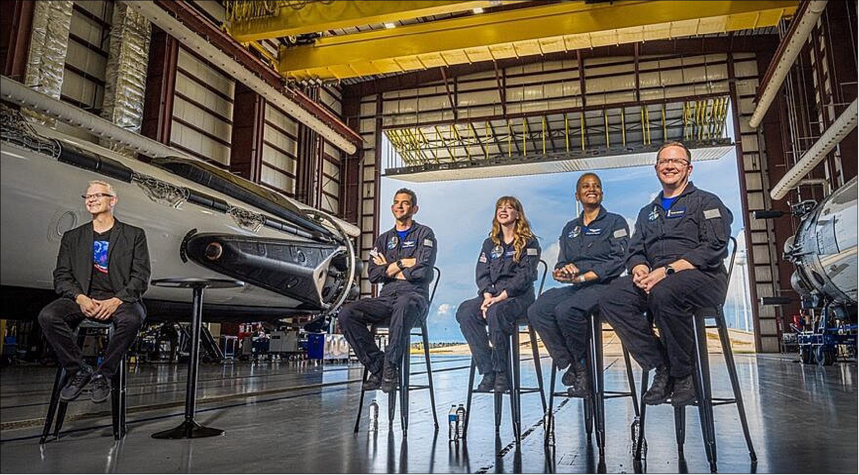 Figure 4: SpaceX's Benji Reed (left) and the Inspiration4 crew of Jared Isaacman, Hayley Arceneaux, Sian Proctor and Chris Sembroski discuss their upcoming mission at a Sept. 14 briefing (image credit: Inspiration4/John Kraus)
