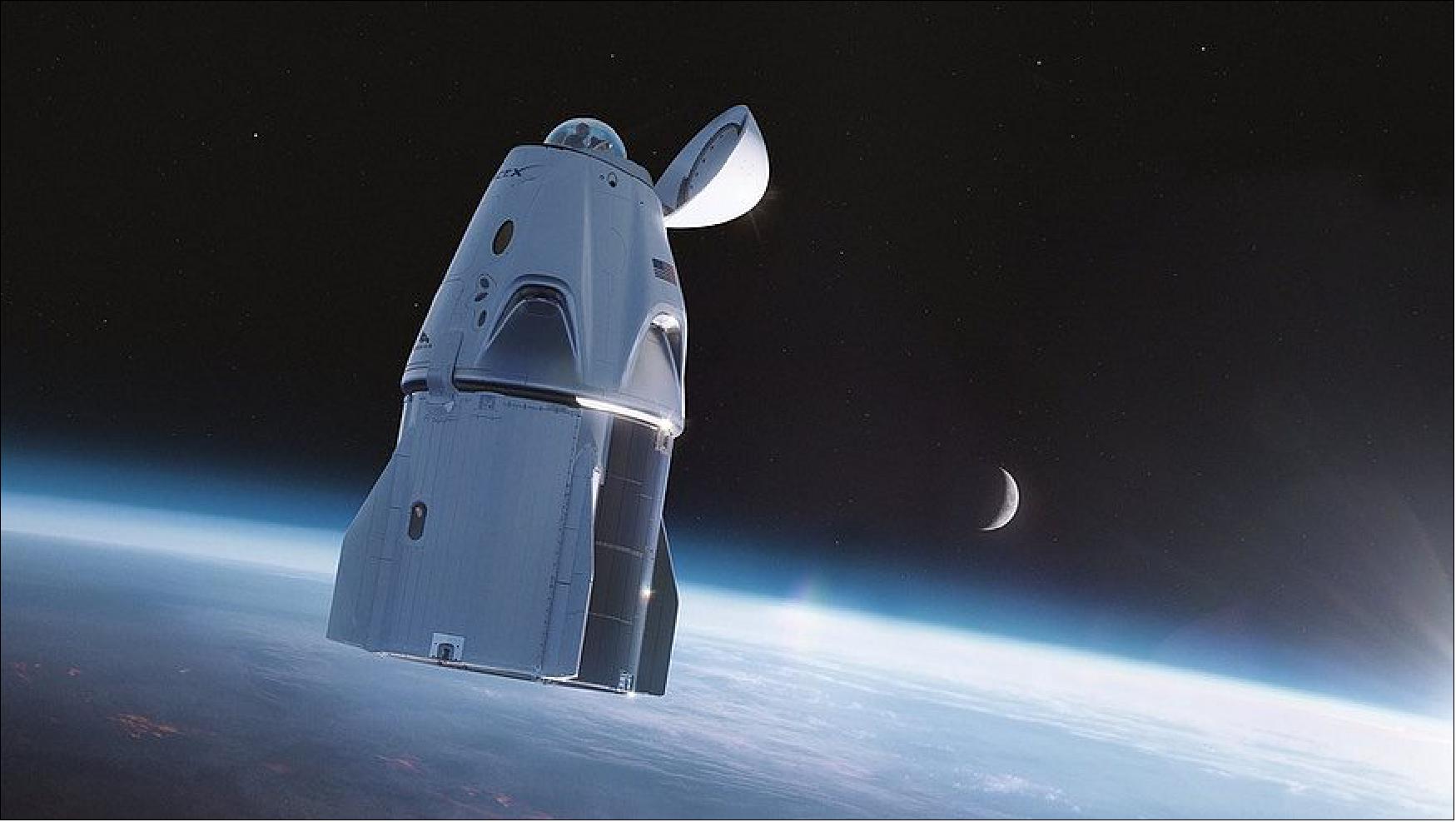 Figure 2: An illustration of the Crew Dragon spacecraft outfitted with a cupola in place of the docking adapter used for space station missions (image credit: SpaceX)