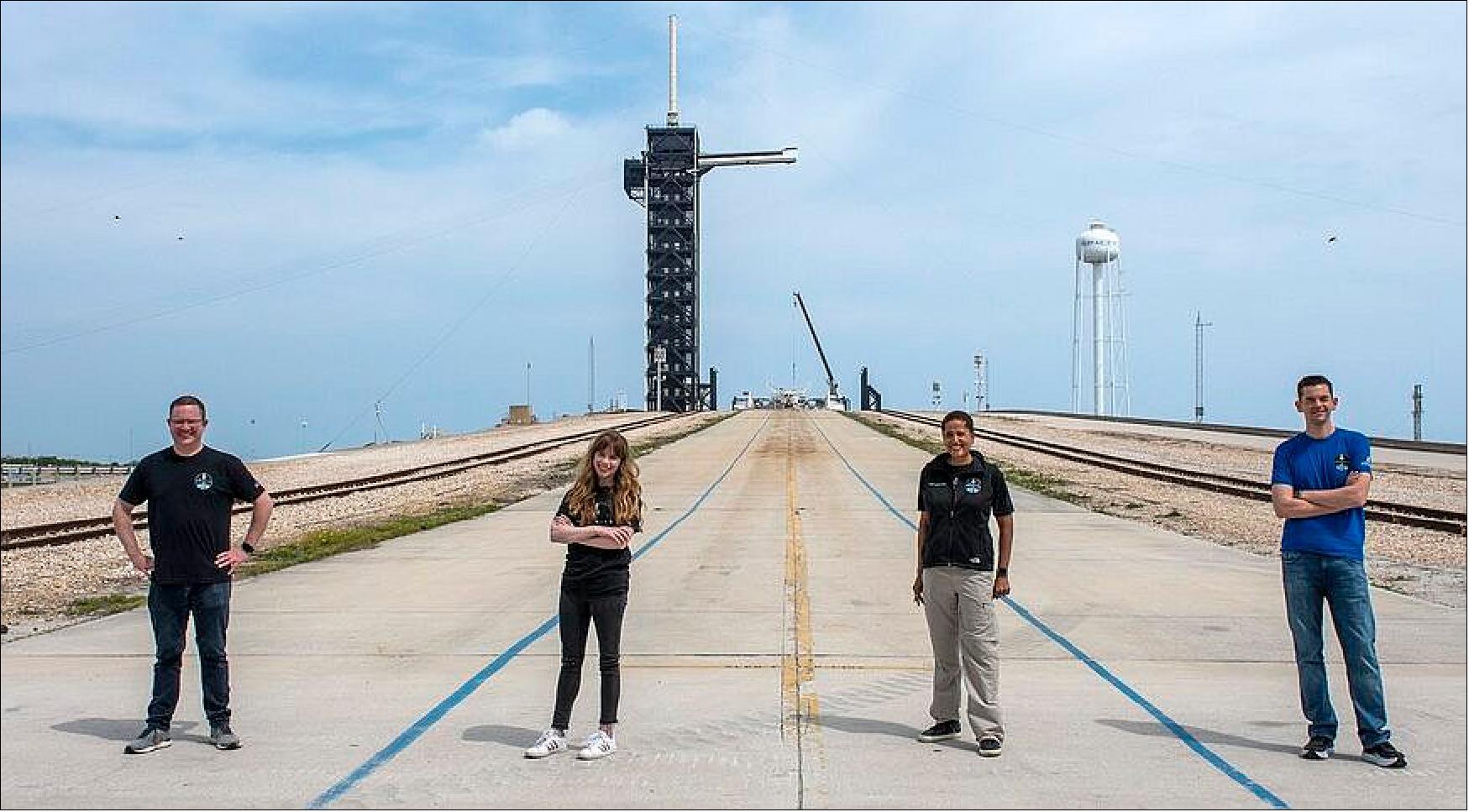 Figure 1: The four people flying on the Inspiration4 mission — Chris Sembroski, Hayley Arceneaux, Sian Proctor and Jared Isaacman — stand at Launch Complex 39A at the Kennedy Space Center, where their Crew Dragon will launch as soon as Sept. 15 (image credit: SpaceX)