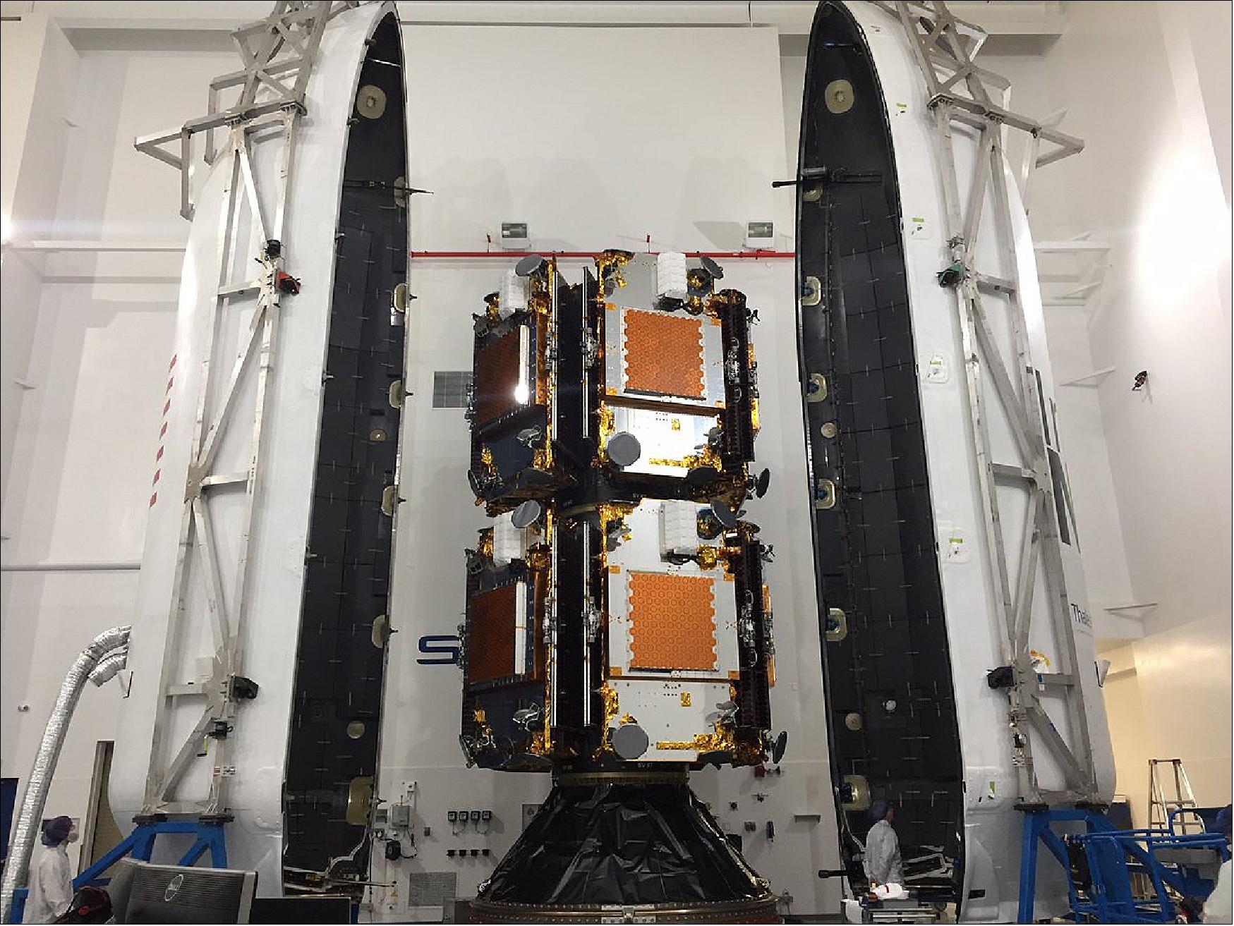 Figure 3: The first ten Iridium NEXT satellites are stacked and encapsulated in the Falcon 9 fairing for launch from Vandenberg Air Force Base, CA, in early 2017 (image credit: Iridium)