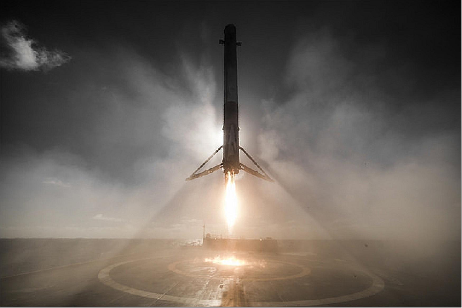 Figure 16: A stunning view of the Falcon-9 rocket just before landing on a barge in the Pacific Ocean, on January 14, 2017 following the launch of 10 Iridium NEXT satellites into orbit (image credit: SpaceX)