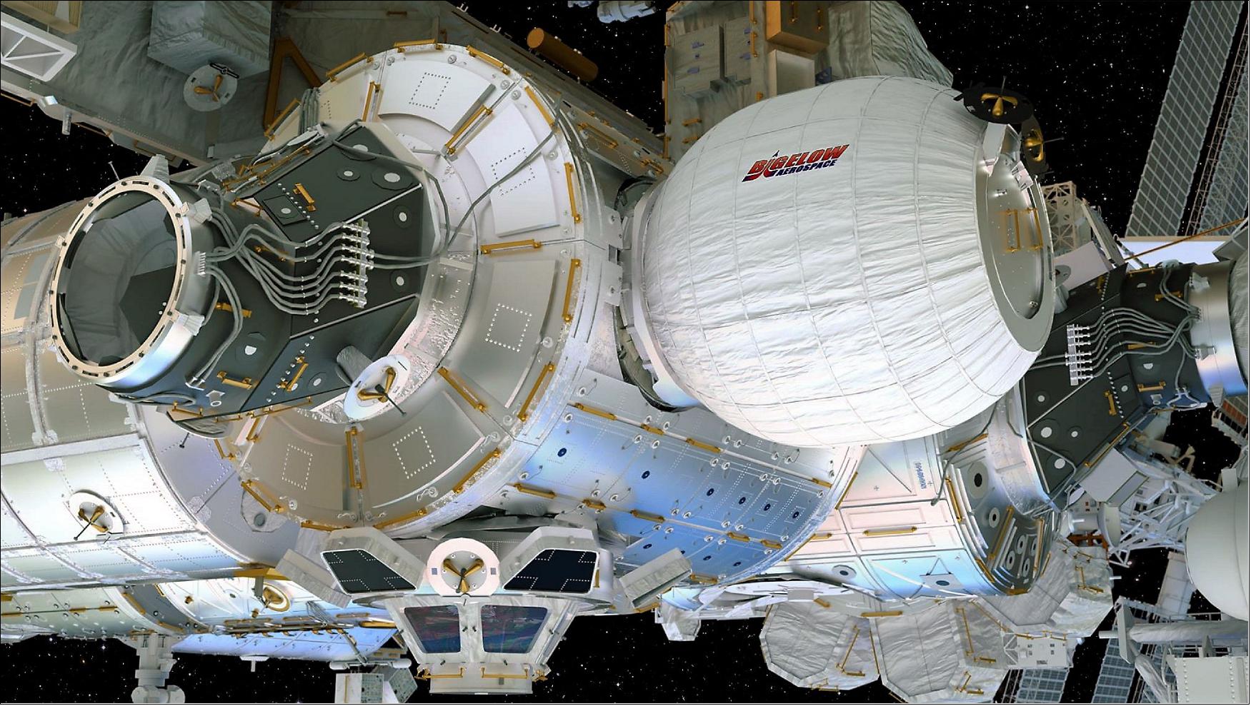 Figure 15: This artist’s concept depicts the BEAM attached to the International Space Station’s Tranquility module. The Cupola on Tranquility (bottom) with its 6 windows around its sides and another in the center provides a 360º view around the station (image credit: Bigelow Aerospace)