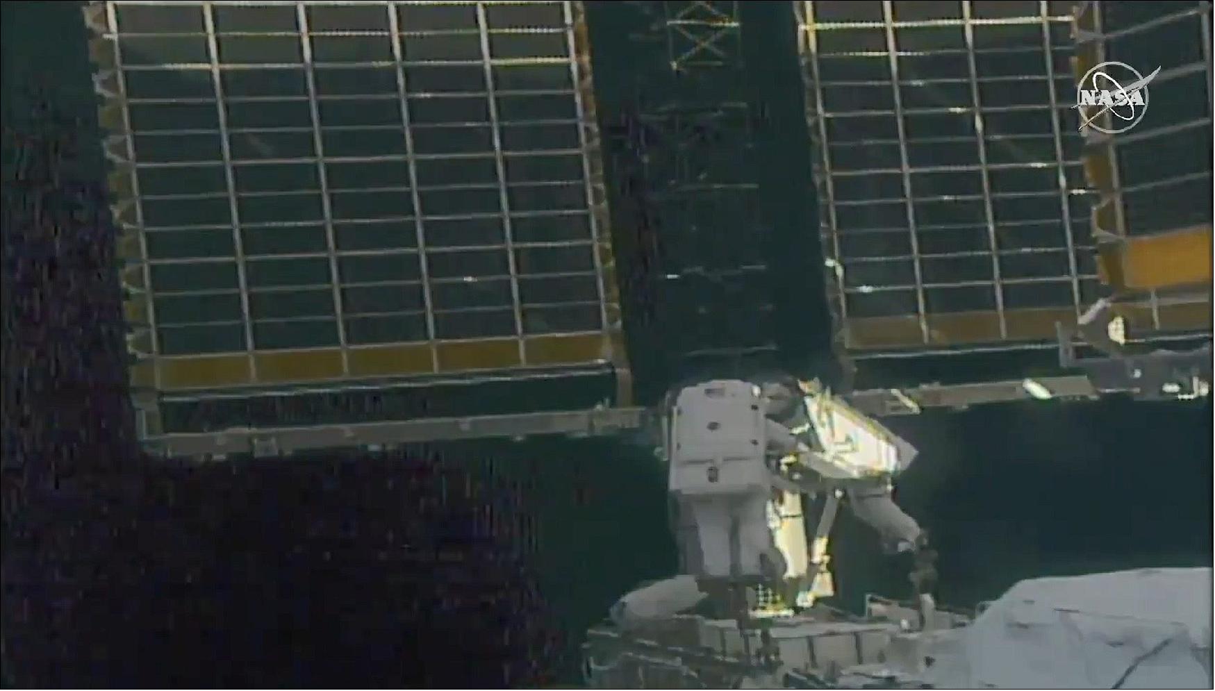 Figure 9: Spacewalkers Shane Kimbrough and Thomas Pesquet working at the Port-6 truss during EVA 74 (image credit: NASA TV)