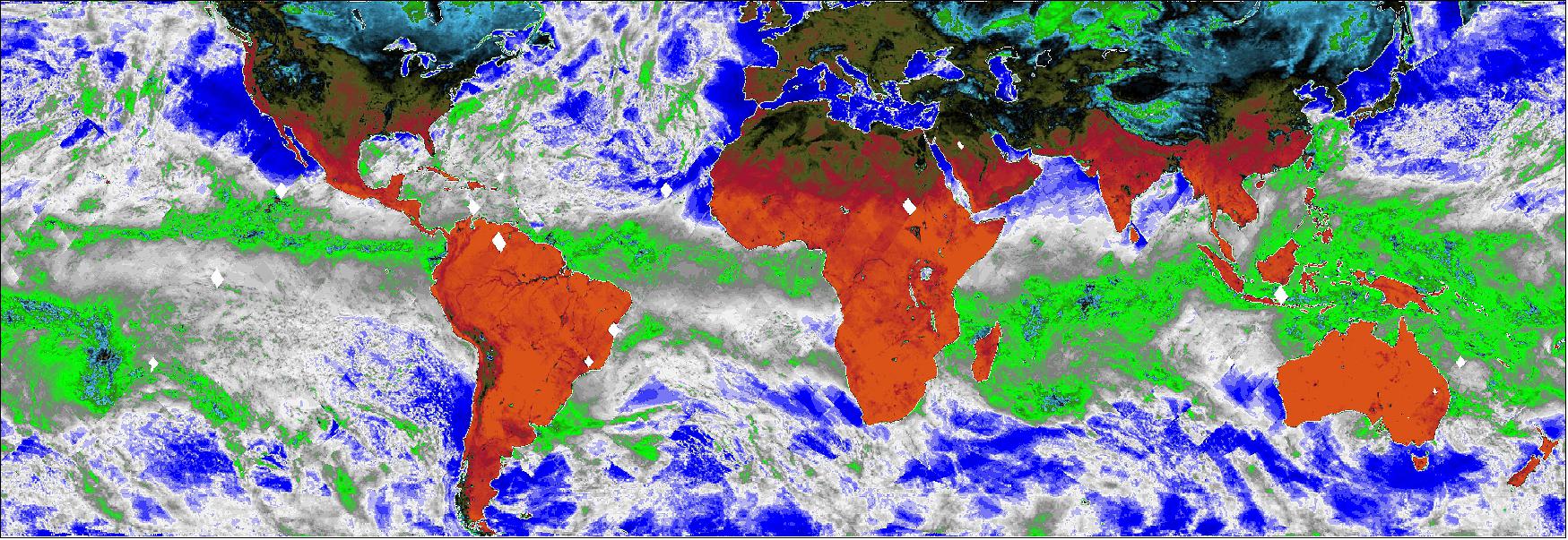 Figure 12: This map, made using COWVR’s new observations, shows Earth’s microwave emissions at a frequency that provides information on the strength of winds at the ocean surface, the amount of water in clouds, and the amount of water vapor in the atmosphere (image credit: NASA/JPL-Caltech)