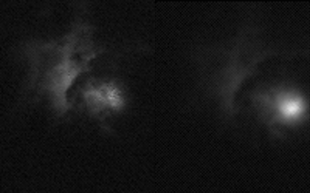 Figure 21: Eyes on the storm. The two cameras of ASIM captured the strong signature of lightning with unprecedented accuracy 400 kilometers above Earth. As the International Space Station flew over the Indonesian coast of Sumatra on an April night, lightning bursts from a thunderstorm reached the upper layers of the atmosphere. Even with the clouds partly blocking the lightning, the instruments show powerful electrical discharges high in the atmosphere. Scientists believe it is an elve. Elves are the highest of all the ‘transient luminous events’ known to date. In the blink of an eye concentric rings appear as a dim, expanding glow hundreds of kilometers wide formed by electrons colliding and excited nitrogen molecules (image credit: DTU)