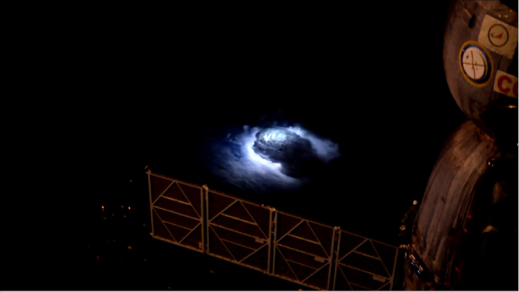 Figure 4: For years, their existence has been debated: elusive electrical discharges in the upper atmosphere that sport names such as red sprites, blue jets, pixies and elves. Reported by pilots, they are difficult to study as they occur above thunderstorms. ESA astronaut Andreas Mogensen on the International Space Station in 2015 was asked to take pictures over thunderstorms with the most sensitive camera on the orbiting outpost to look for these brief features (image credit: ESA/NASA) 15)