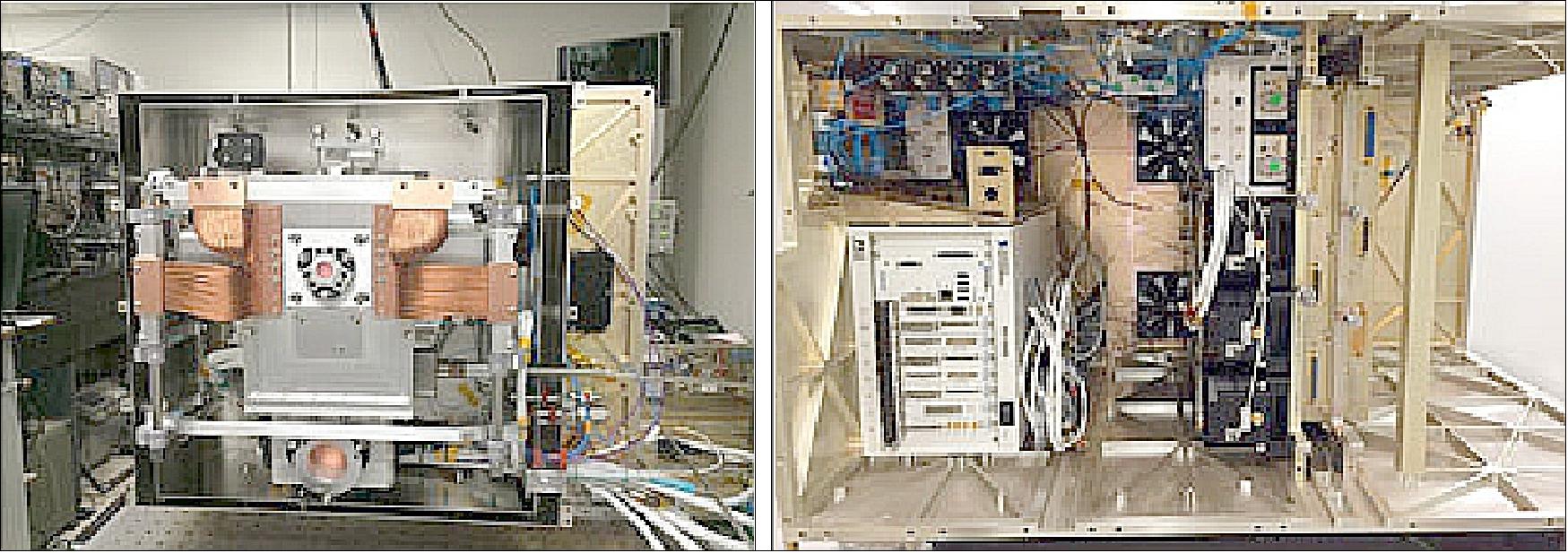 Figure 3: Left: The image (science module) shows the vacuum chamber installed inside a magnetic shield. Right: The image (science instrument) is the quad locker that contains the electronics, lasers, and science module (image credit: NASA/JPL)
