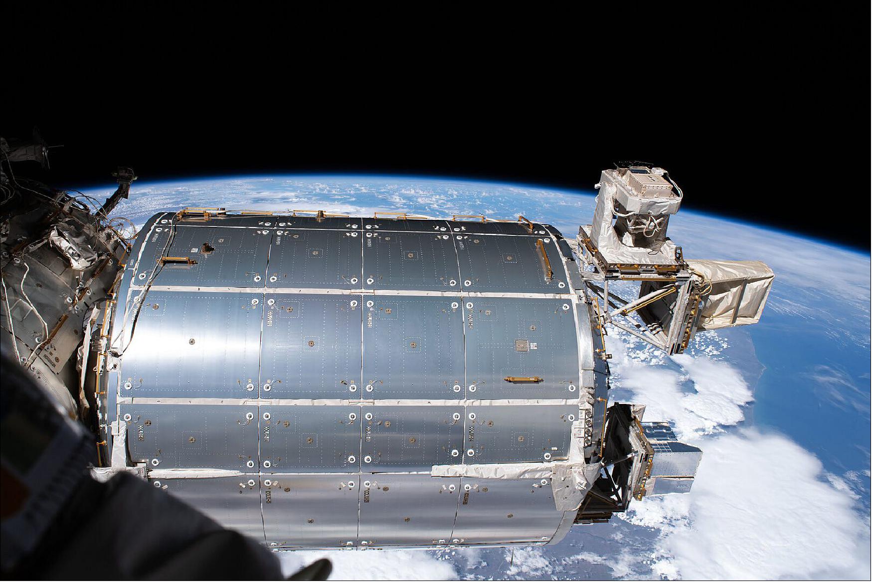 Figure 1: Astronauts aboard the ISS plan to install a high-speed radio link to enable almost real-time connections with Earth. This image of the Columbus module was taken by ESA astronaut Luca Parmitano from outside the ISS on the second spacewalk to service the cosmic ray detecting Alpha Magnetic Spectrometer (AMS-02) on November 22, 2019 (image credit: ESA)