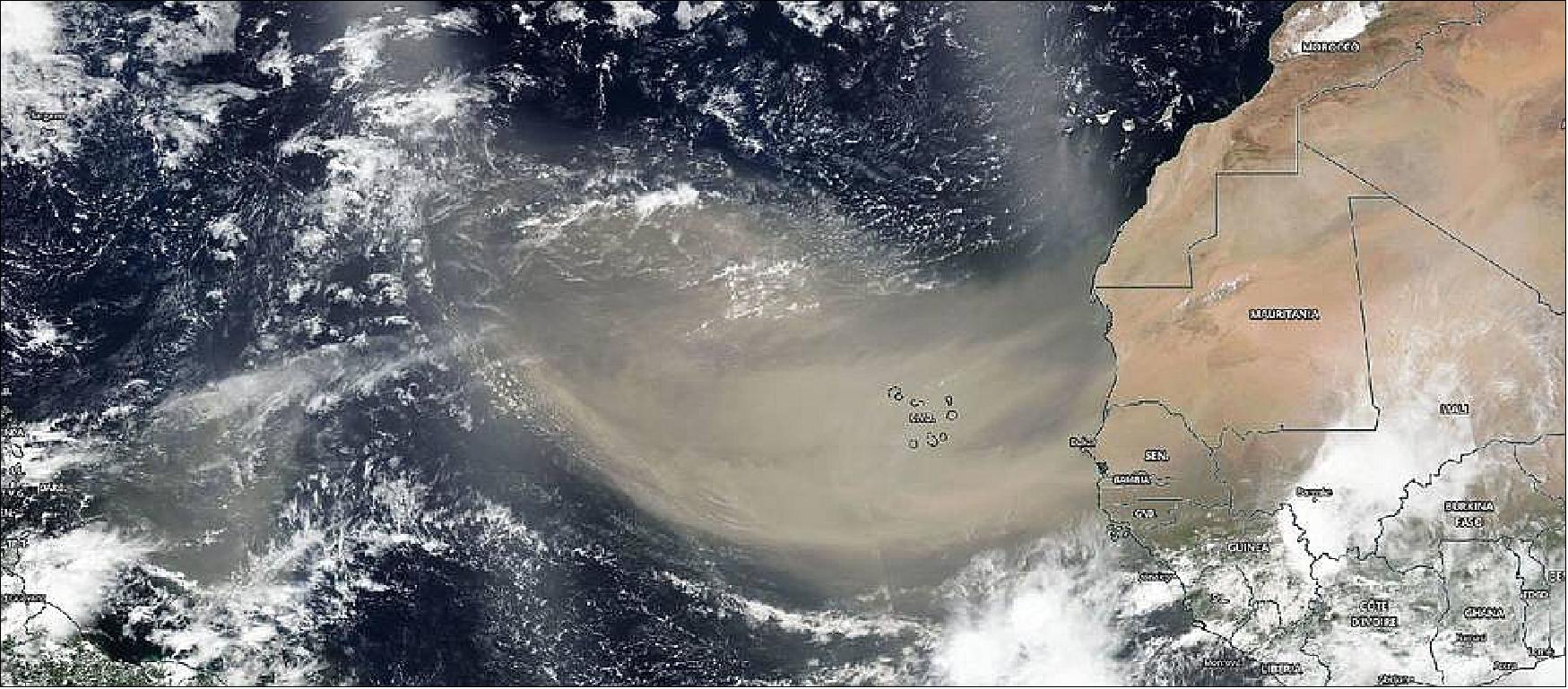 Figure 6: On June 18, 2020, the NASA-NOAA’s Suomi NPP satellite captured this visible image of the large light brown plume of Saharan dust over the North Atlantic Ocean. The image showed that the dust from Africa’s west coast extended almost to the Lesser Antilles in the western North Atlantic Ocean (image credit: NASA Worldview)