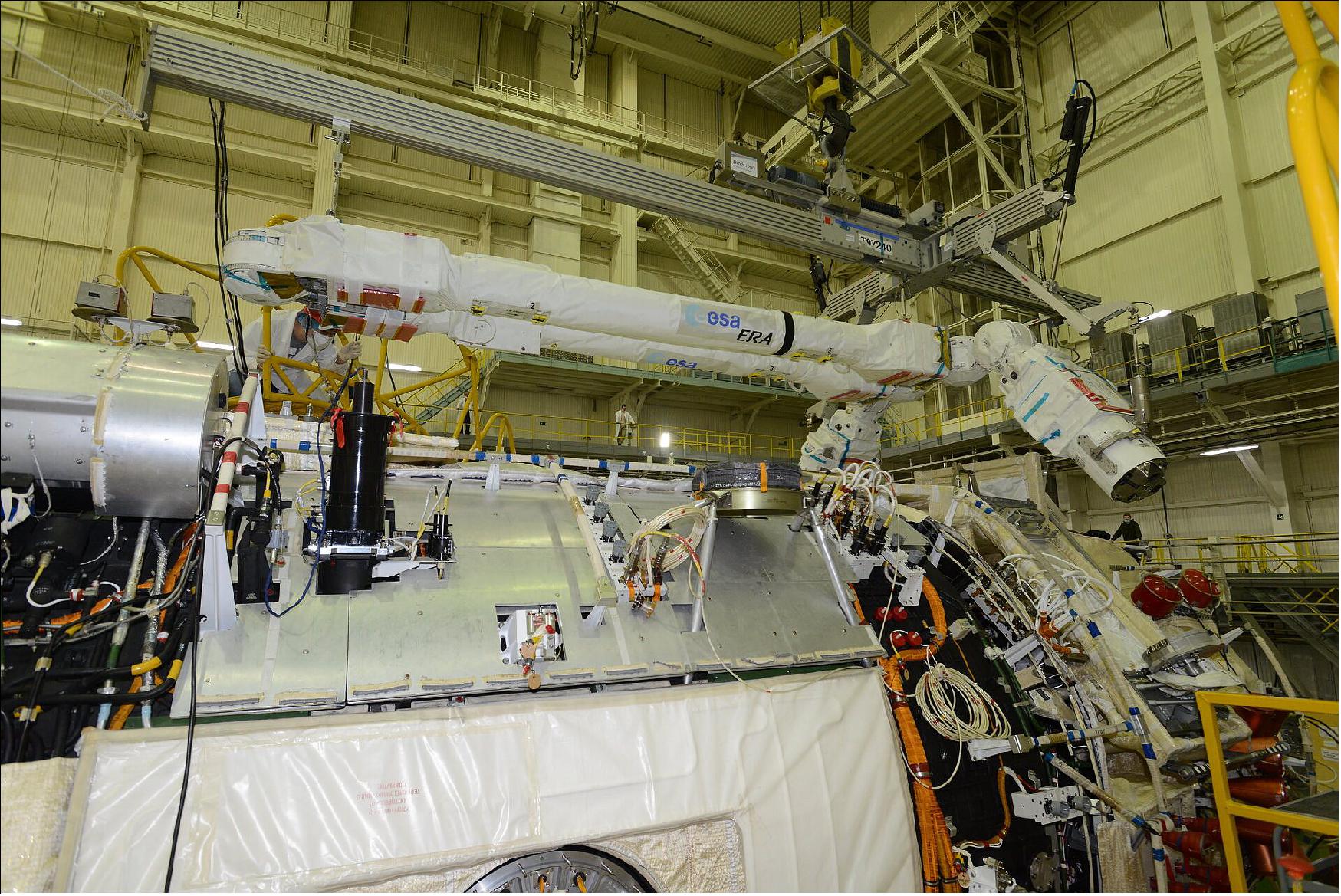 Figure 9: ERA during installation on top of the the Russian Multipurpose Laboratory Module at the Baikonur Cosmodrome, in Kazakhstan, in May 2021 (image credit: RSC Energia) 6)