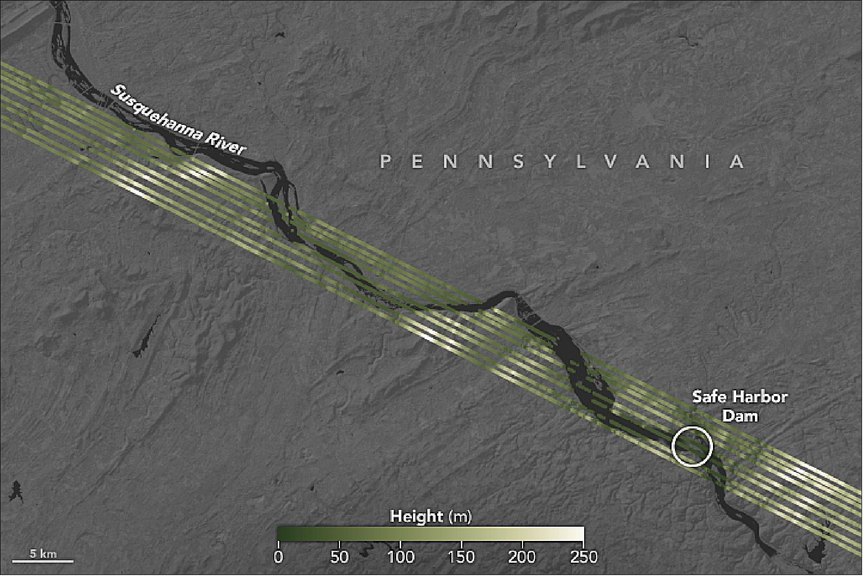 Figure 17: GEDI was designed to image forests, but it also can gather information about Earth's topography. In this figure and in Figure 18, the instrument gathered a profile of the hills and fields on either side of the Susquehanna River's winding riverbanks in southeastern Pennsylvania. One unusual feature appeared as a steep drop in the single-wave image, initially causing the science team to fear that it was a data error. In fact, GEDI's lasers had detected Safe Harbor Dam, about 15 kilometers (9 miles) southwest of Lancaster, Pennsylvania. (image credit: NASA Earth Observatory, images by Joshua Stevens, using GEDI data courtesy of Michelle Hofton/University of Maryland. Story by Jessica Merzdorf, NASA GSFC, with Mike Carlowicz) 15)