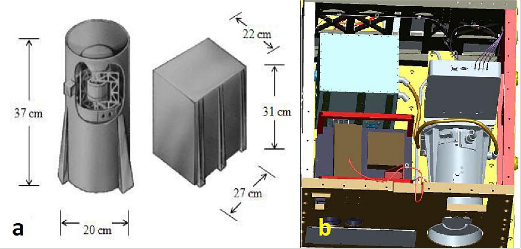 Figure 9: a) Legacy flight spare LIS the sensor assembly (left) and the electronics box (right). b)This is an advanced concept drawing showing how the Legacy LIS hardware will be mounted on the STP-H5 payload. The grey box behind the sensor assembly is the new interface unit (IFU) that will enable the legacy hardware to receive power and communications from the ISS (image credit: NASA/MSFC)