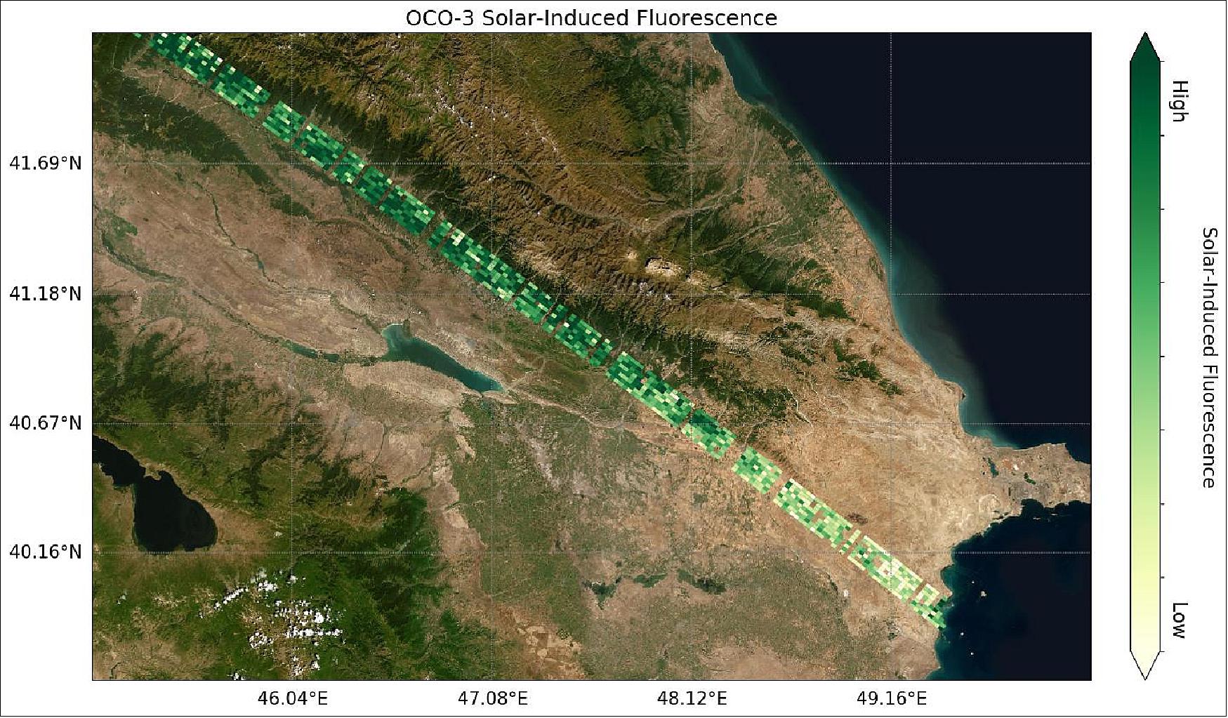 Figure 11: This image shows OCO-3's first preliminary SIF (Solar-Induced Fluorescence) measurements over western Asia. SIF is the glow plants emit from photosynthesis — the process of plant growth that includes the capture of carbon from the atmosphere. Areas with lower photosynthesis activity are shown in light green; areas with higher photosynthesis activity are shown in dark green. As expected, there is significant contrast in plant activity from areas of low vegetation near the Caspian Sea to areas of more dense vegetation like the forests and farms north and east of the Mingachevir Reservoir (near the center of the image), image credit: NASA/JPL-Caltech