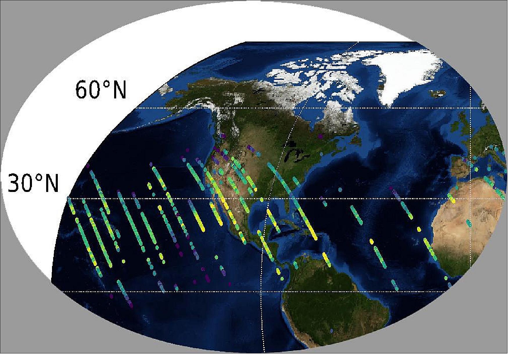 Figure 10: This image shows CO2 over the United States during OCO-3's first few days of science data collection. These initial measurements are consistent with measurements taken by OCO-3's older sibling, OCO-2, over the same area — meaning that even though OCO-3's instrument calibration is not yet complete, it is right on track to continue its (currently still operational) predecessor's data record (image credit: NASA/JPL-Caltech)
