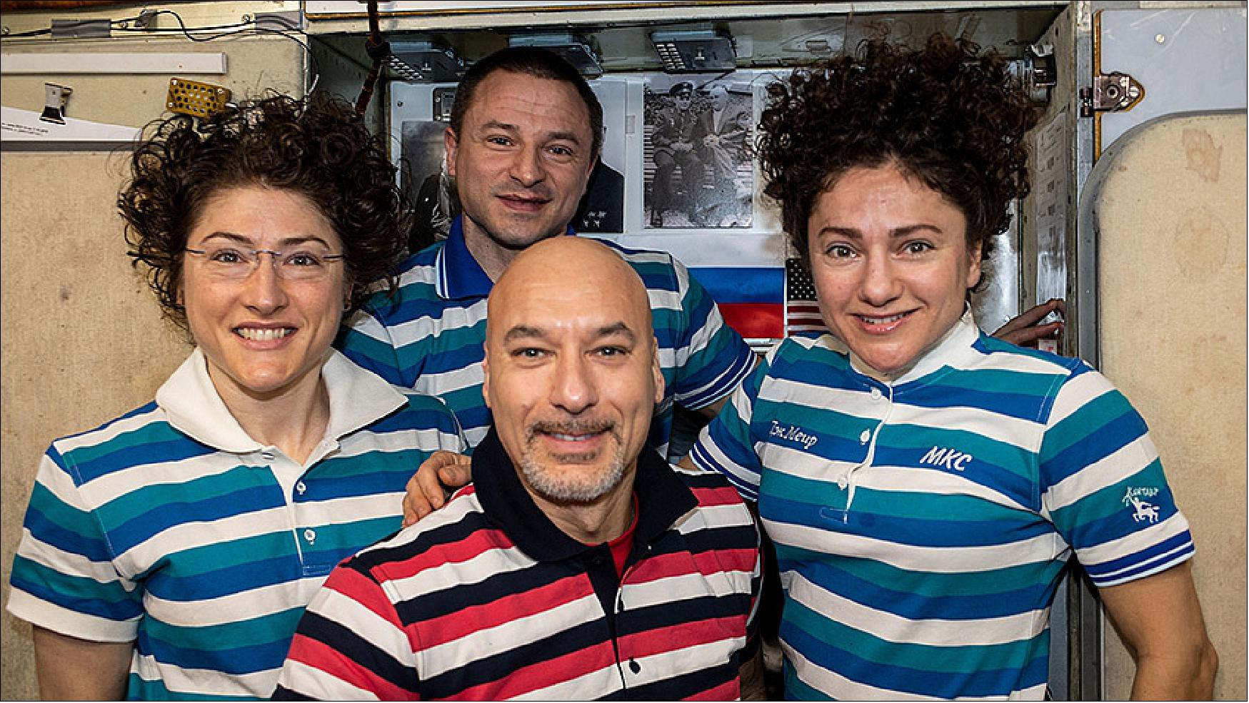 Figure 113: Clockwise from left are, NASA astronauts Christina Koch, Andrew Morgan and Jessica Meir and ESA (European Space Agency) astronaut Luca Parmitano. Parmitano is the Expedition 61 Commander leading Flight Engineers Koch, Morgan and Meir aboard the International Space Station (image credit: NASA)
