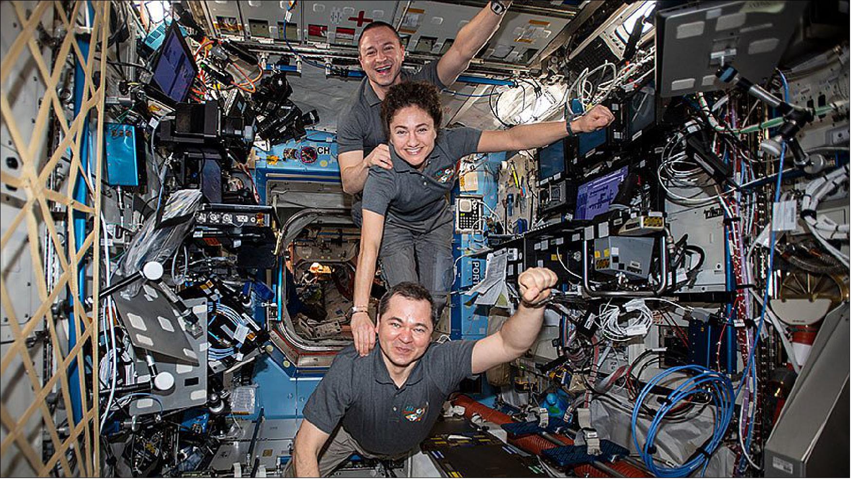 Figure 106: From top to bottom, NASA Flight Engineers Andrew Morgan and Jessica Meir and Roscosmos Commander Oleg Skripochka pose for a playful portrait (image credit: NASA)
