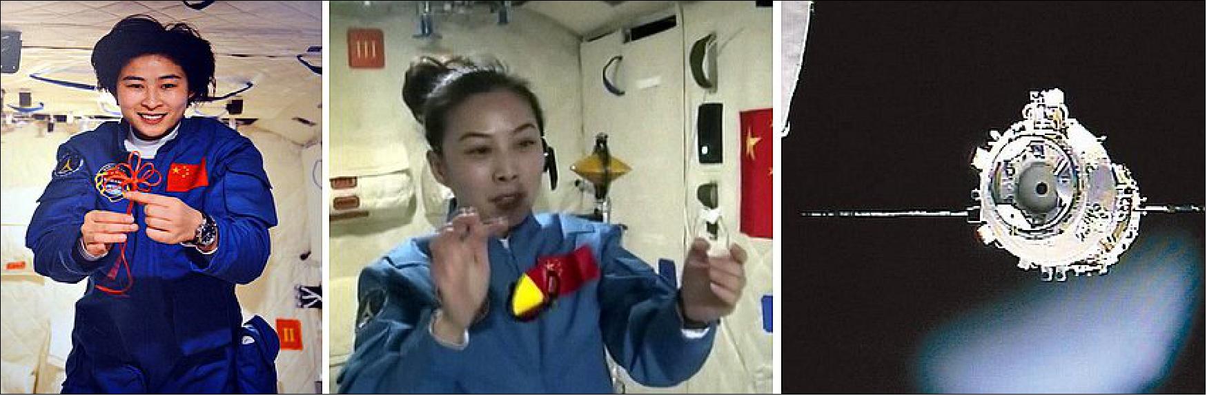 Figure 104: Left: Liu, China's first woman in space, aboard the Tiangong-1 space station. Middle: Wang teaching a physics lesson live from Tiangong-1. Right: The Tiangong-1 space station as seen during the approach by the Shenzhou 9 spacecraft (image credit: NASA/JSC)