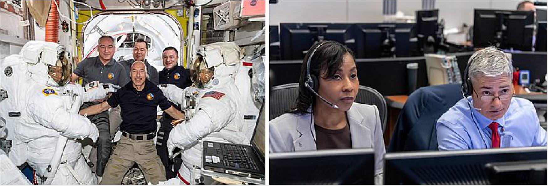 Figure 103: Left: Space suited astronauts Meir (at left) and Koch, assisted by their Expedition 61 crewmates, prepare for the first all-woman EVA. Right: CAPCOMs Wilson (at left) and Vande Hei assist Meir and Koch during the first all-woman EVA (image credit: NASA/JSC)